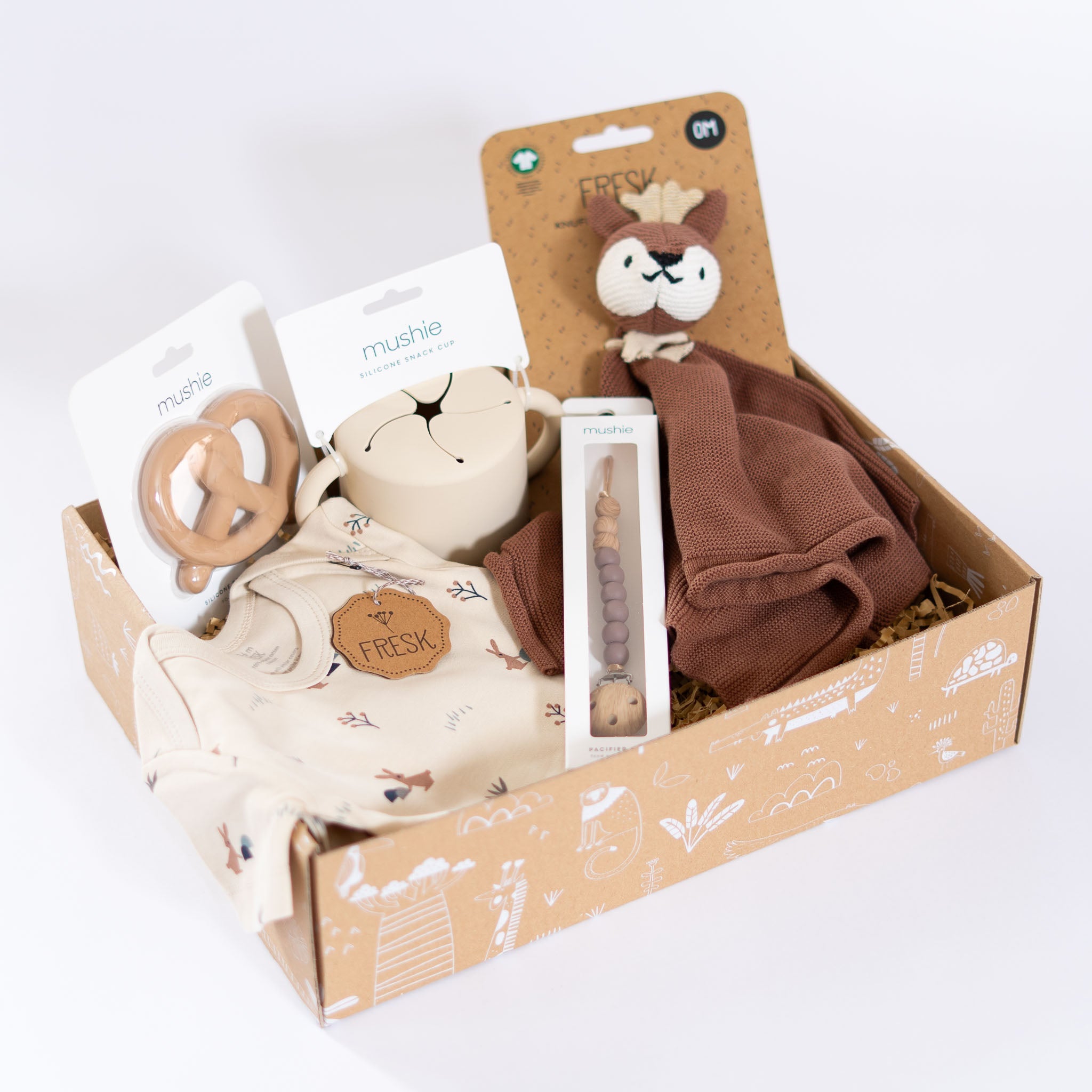Kraamcadeaupakket Hello Little One met romper, knuffeldoekje en Mushie accessoires