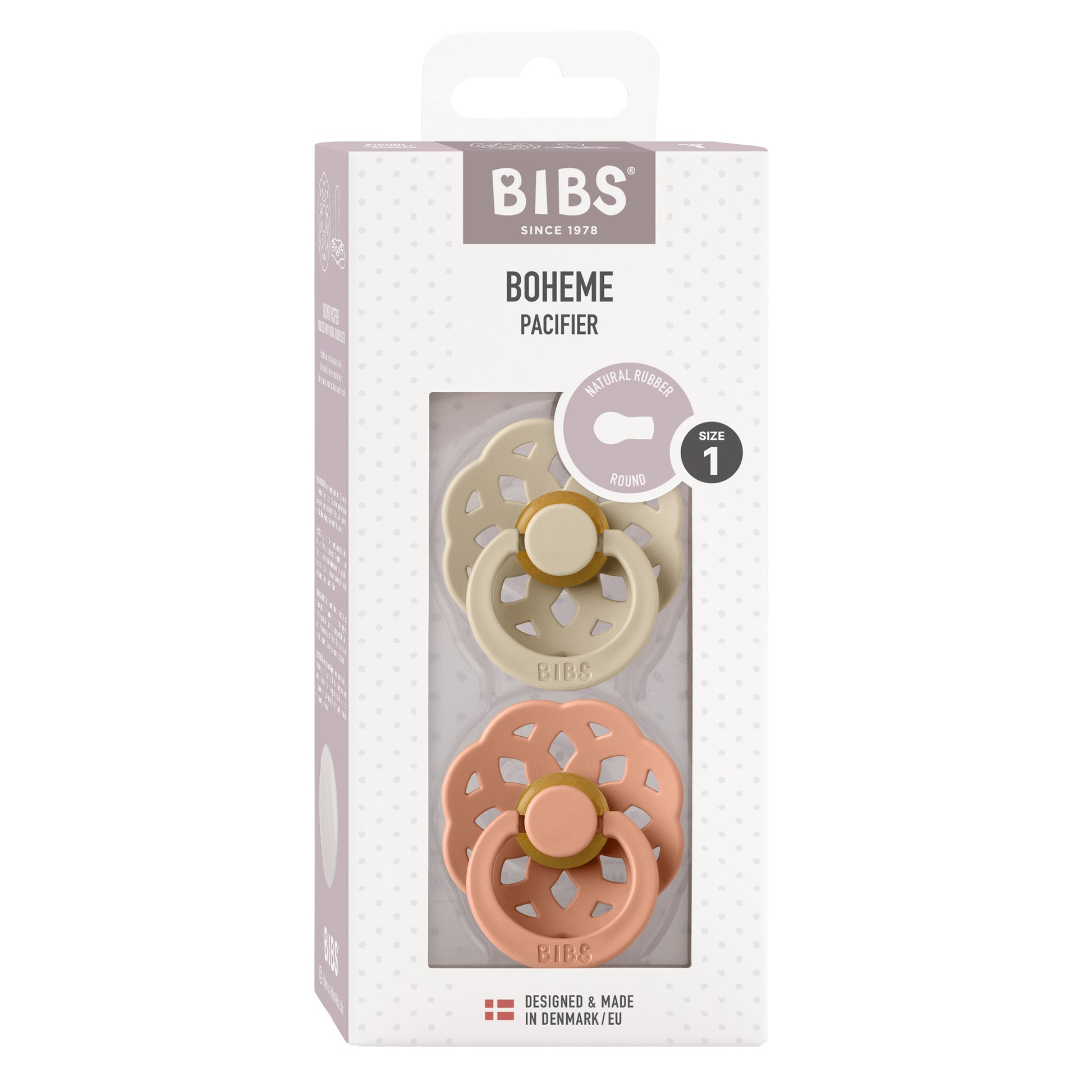 BIBS speen natuurrubber 0-6 maanden Vanilla Peach in verpakking