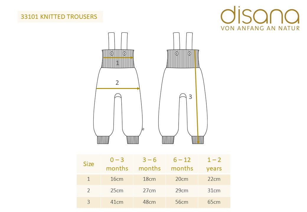 Maattabel Disana wollen tuinbroek baby 3–6 maanden