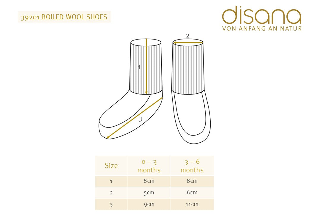 Maattabel Disana babyslofjes boiled wool 0-3 maanden