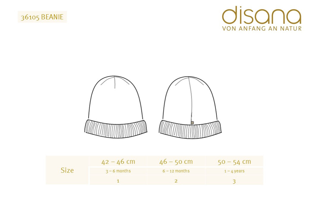 Maattabel Disana wollen baby muts van biologisch merinowol 3-6 maanden