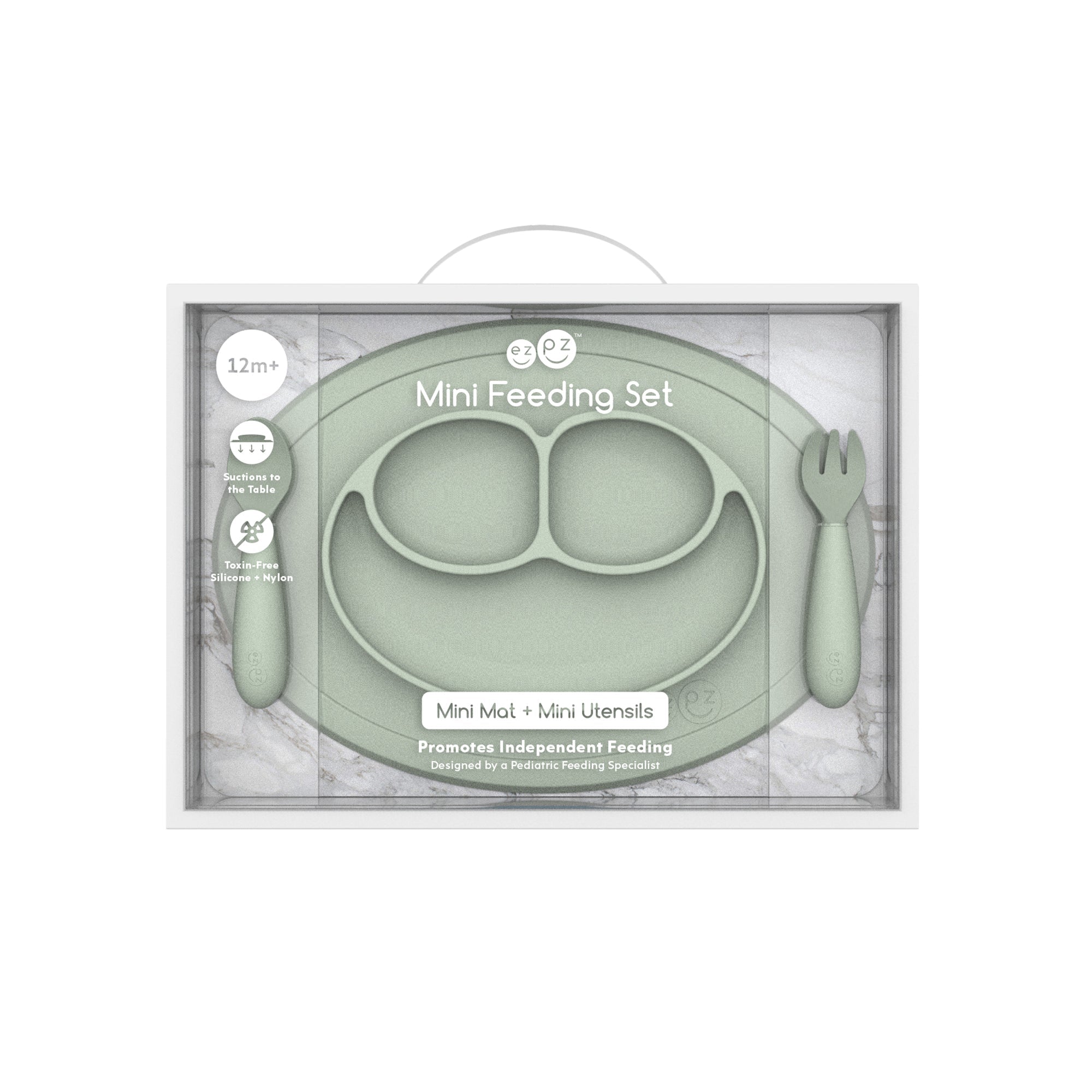 cadeaupakket van ezpz eerste eetsetje met bord, vork, lepel