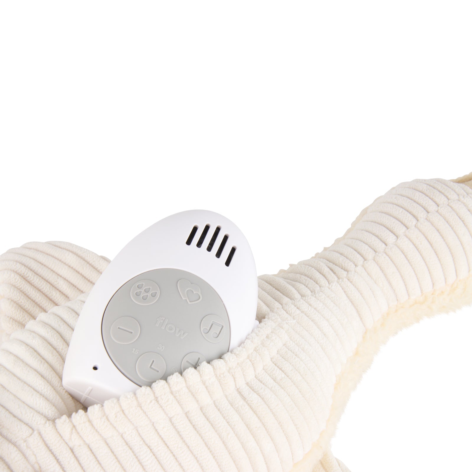 Close-up van het ingebouwde muziekdoosje in de Flow Liva hartslagknuffel – met witte ruis en hartslaggeluid