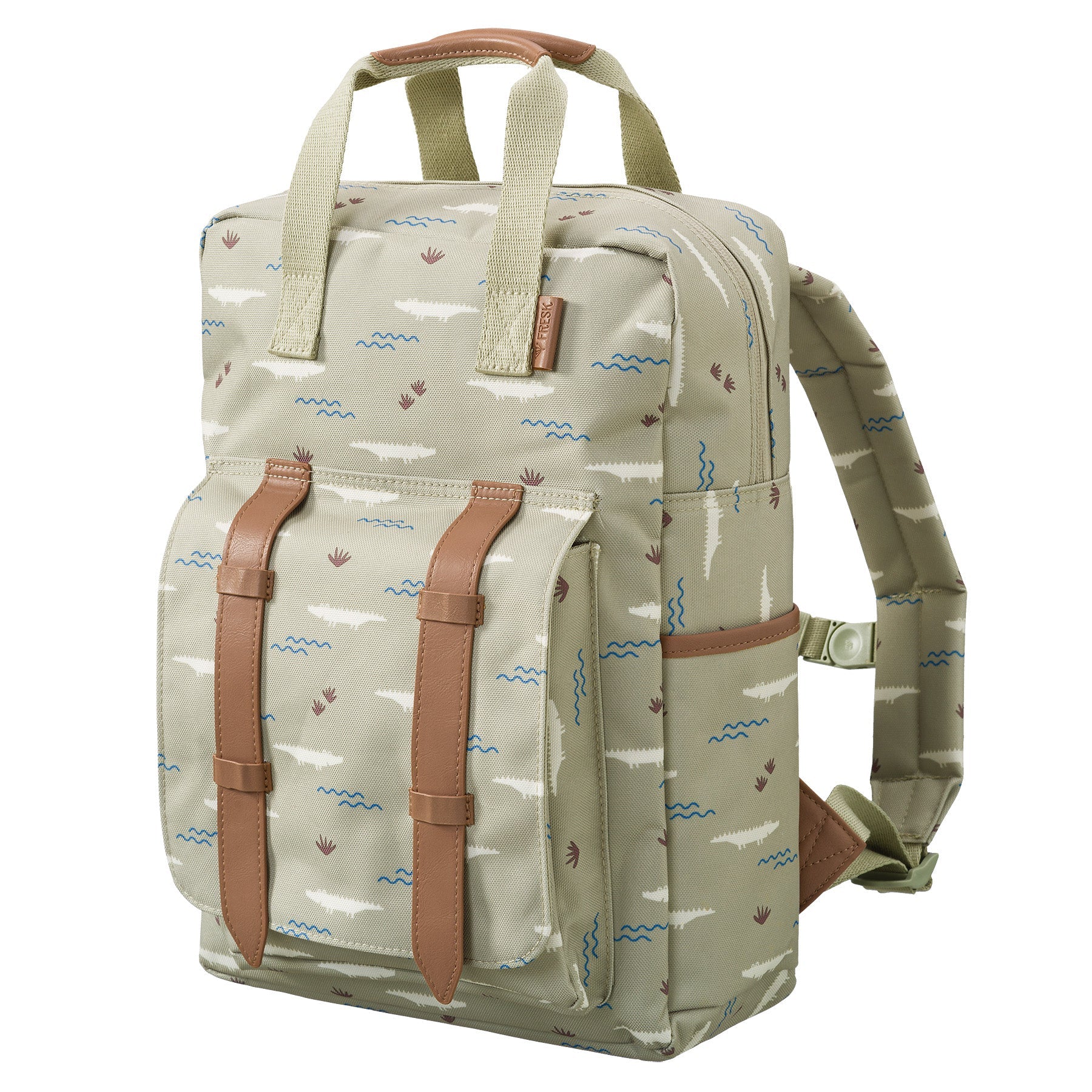 Zijkant van de Fresk rugzak groot in groen met ritssluiting en flessenhouder