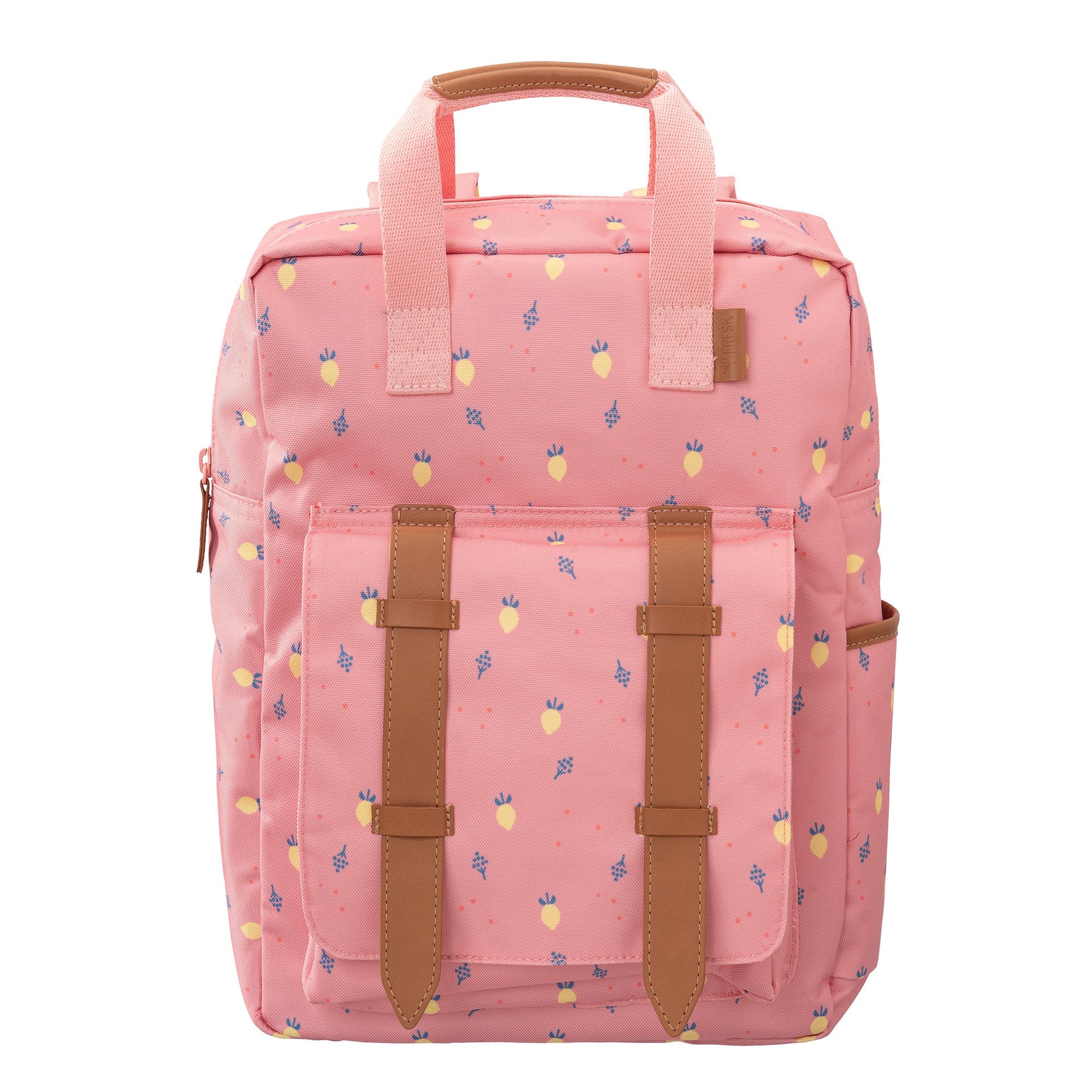 Grote roze rugzak met citroenen print van Fresk voorzijde