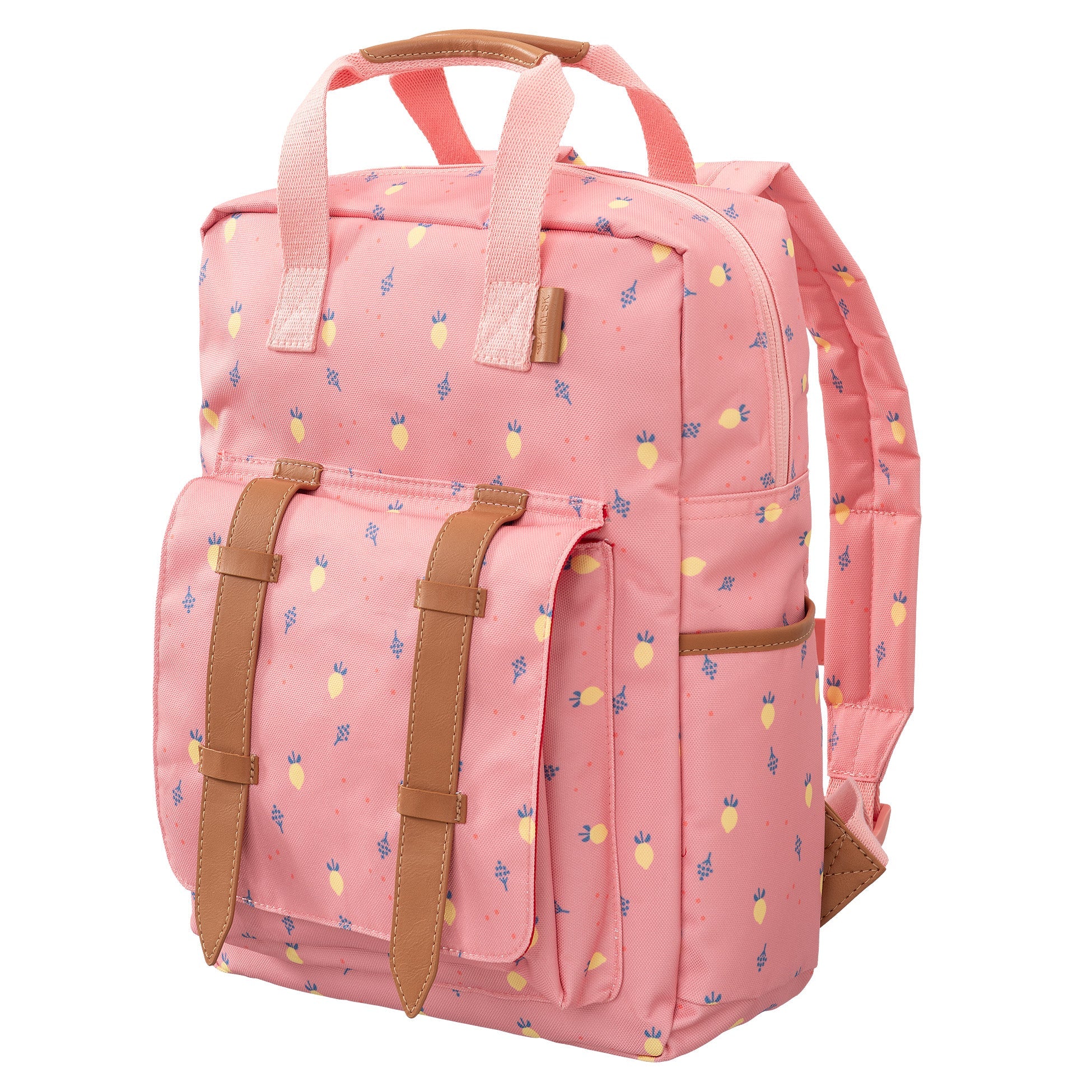 Zijkant Fresk grote rugzak roze met citroenenprint voor kinderen