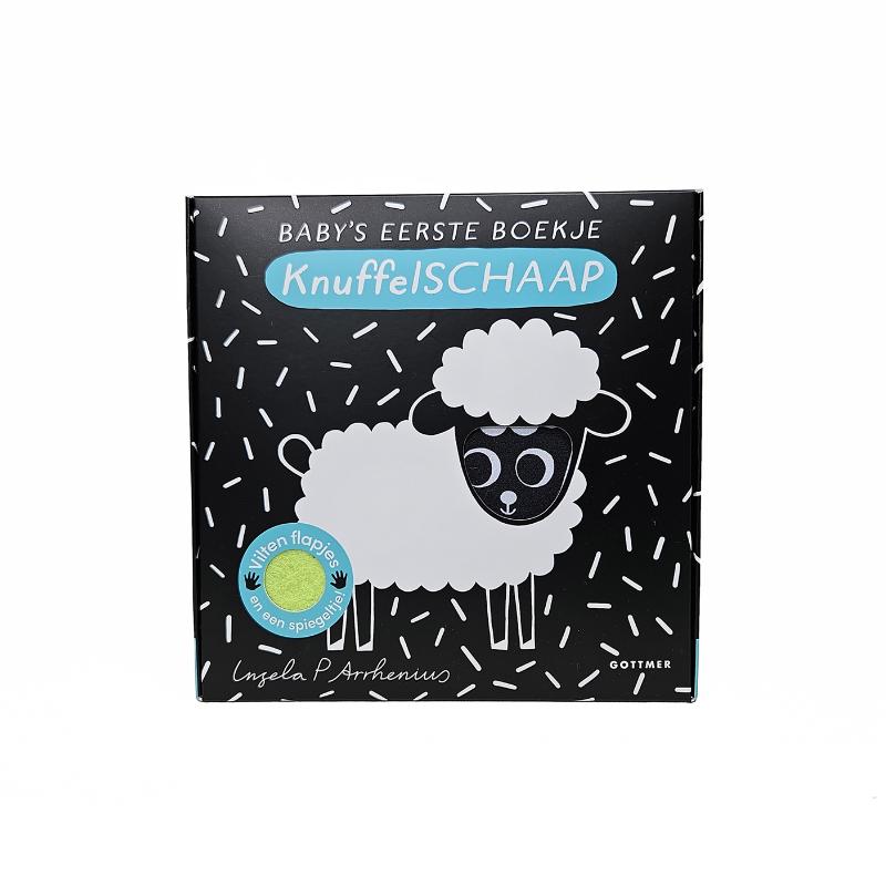 stoffen babyboekje knuffelschaap in zwart-wit design