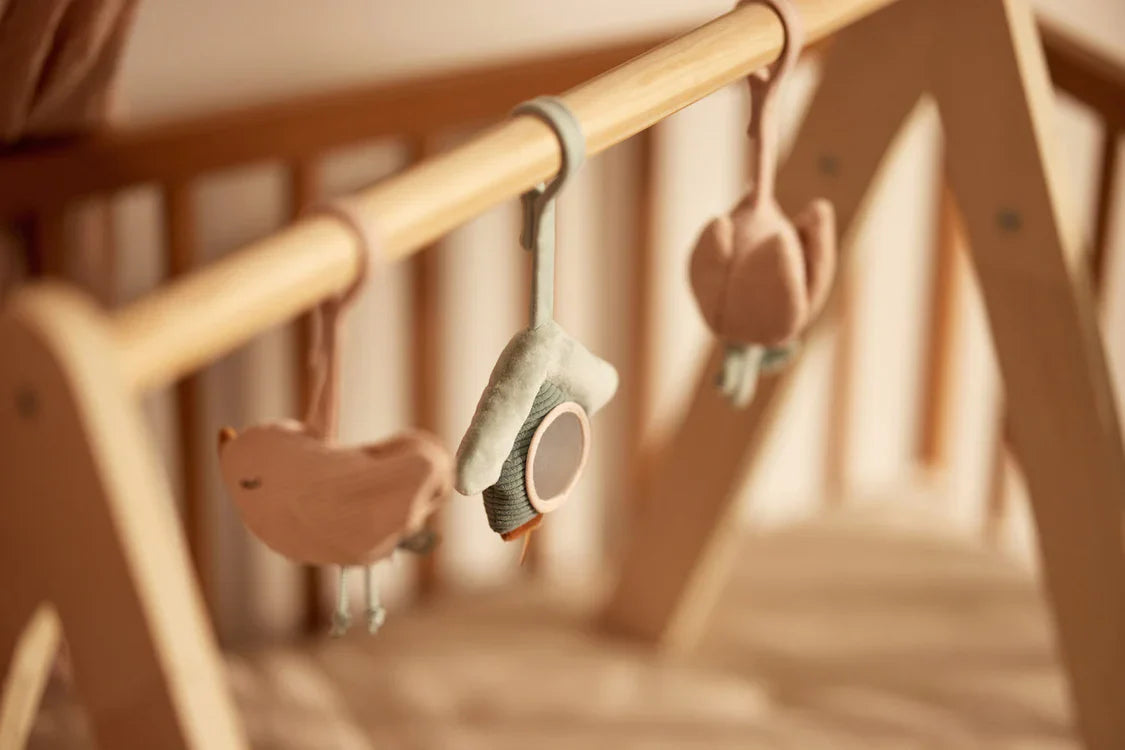 Sfeerbeeld van set van drie speeltjes aan babygym