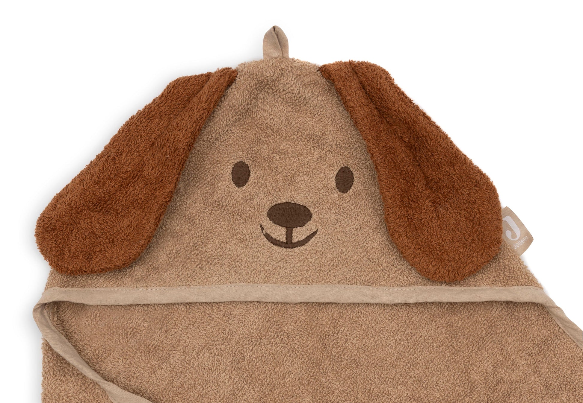 Ingezoomd op capuchon van badcape Diego met hondenoortjes