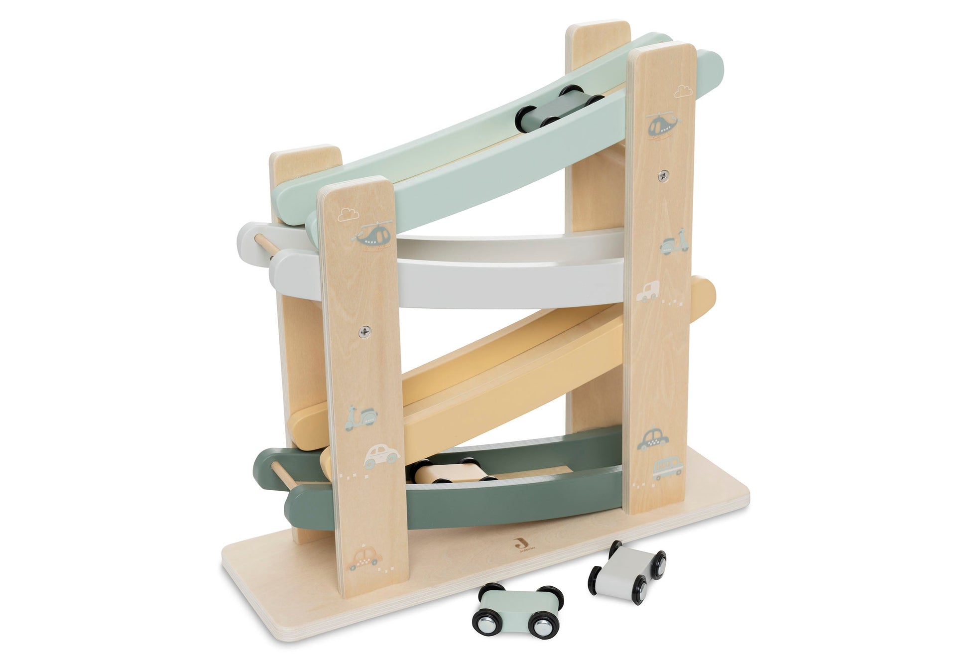 Houten autobaan met vier kleurrijke autootjes