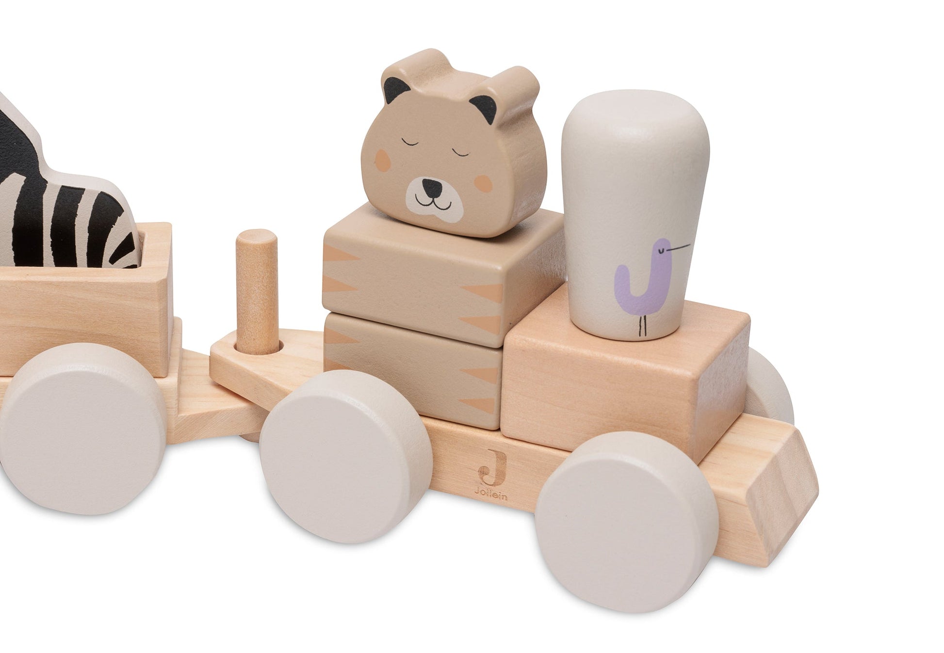 Detail van houten speelgoedtrein van het merk jollein