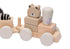 Detail van houten speelgoedtrein van het merk jollein