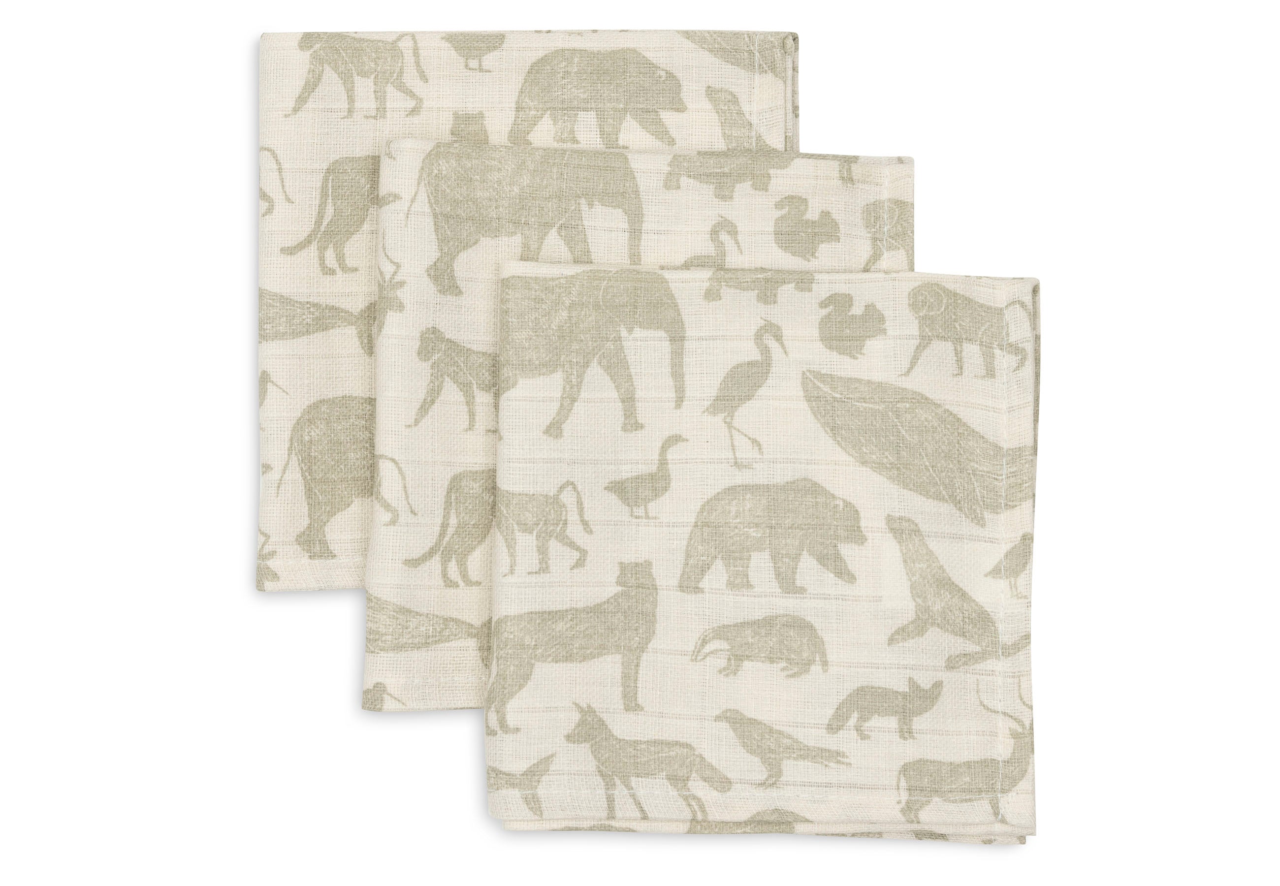 Handige set van drie hydrofiele monddoekjes in olive green met animals print