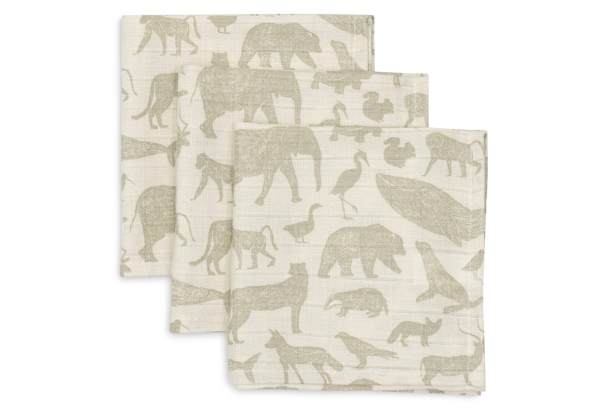 Handige set van drie hydrofiele monddoekjes in olive green met animals print