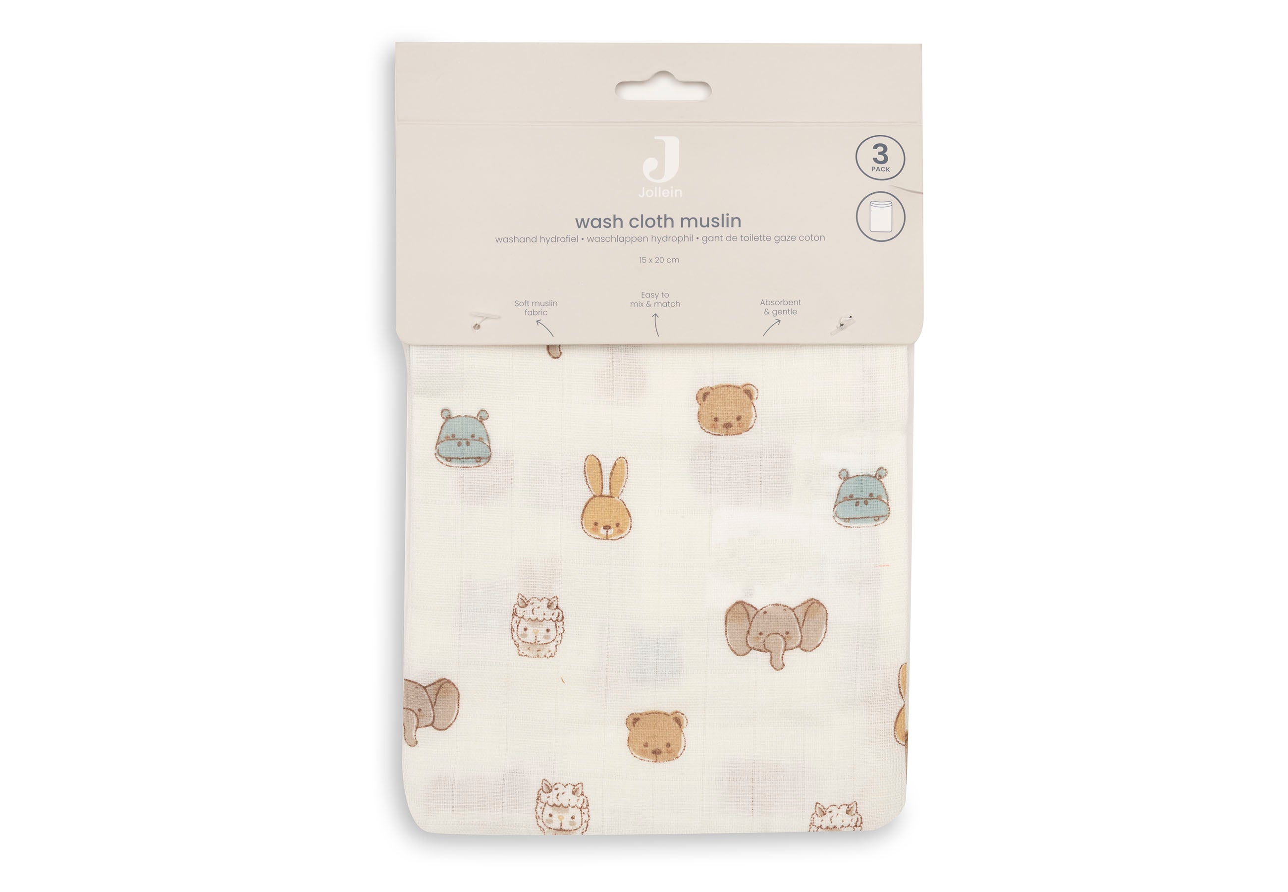 Jollein hydrofiele washandjes Jollies 3 stuks met vrolijke print