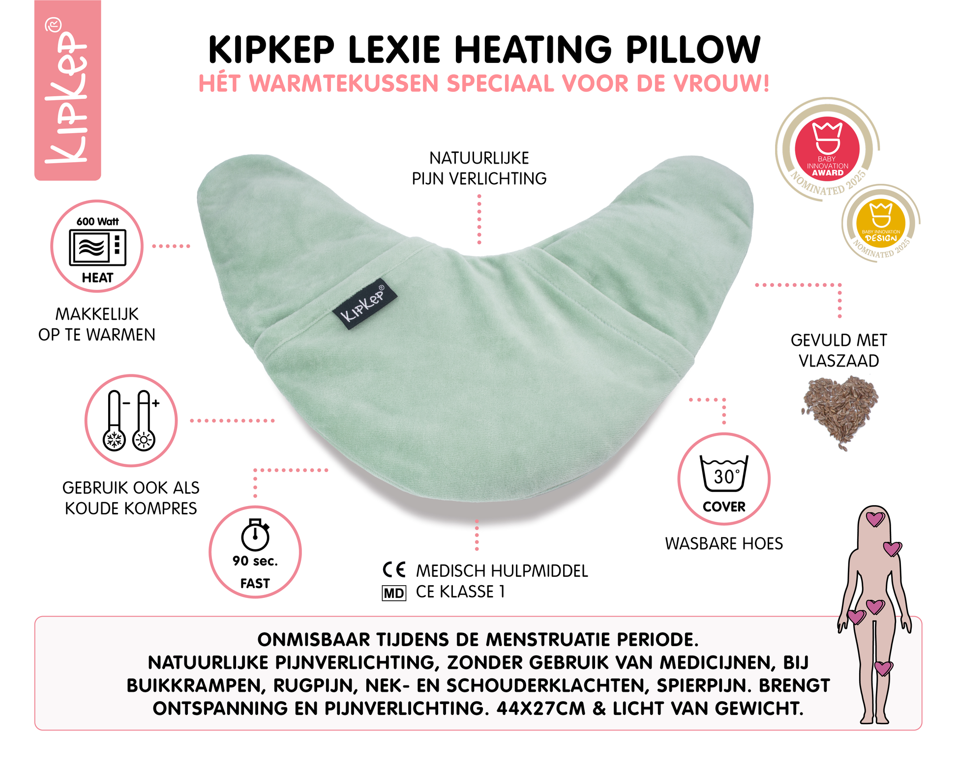 Warmtekussen met overzicht van functies en kenmerken, inclusief vulling van vlaszaad en afneembare hoes