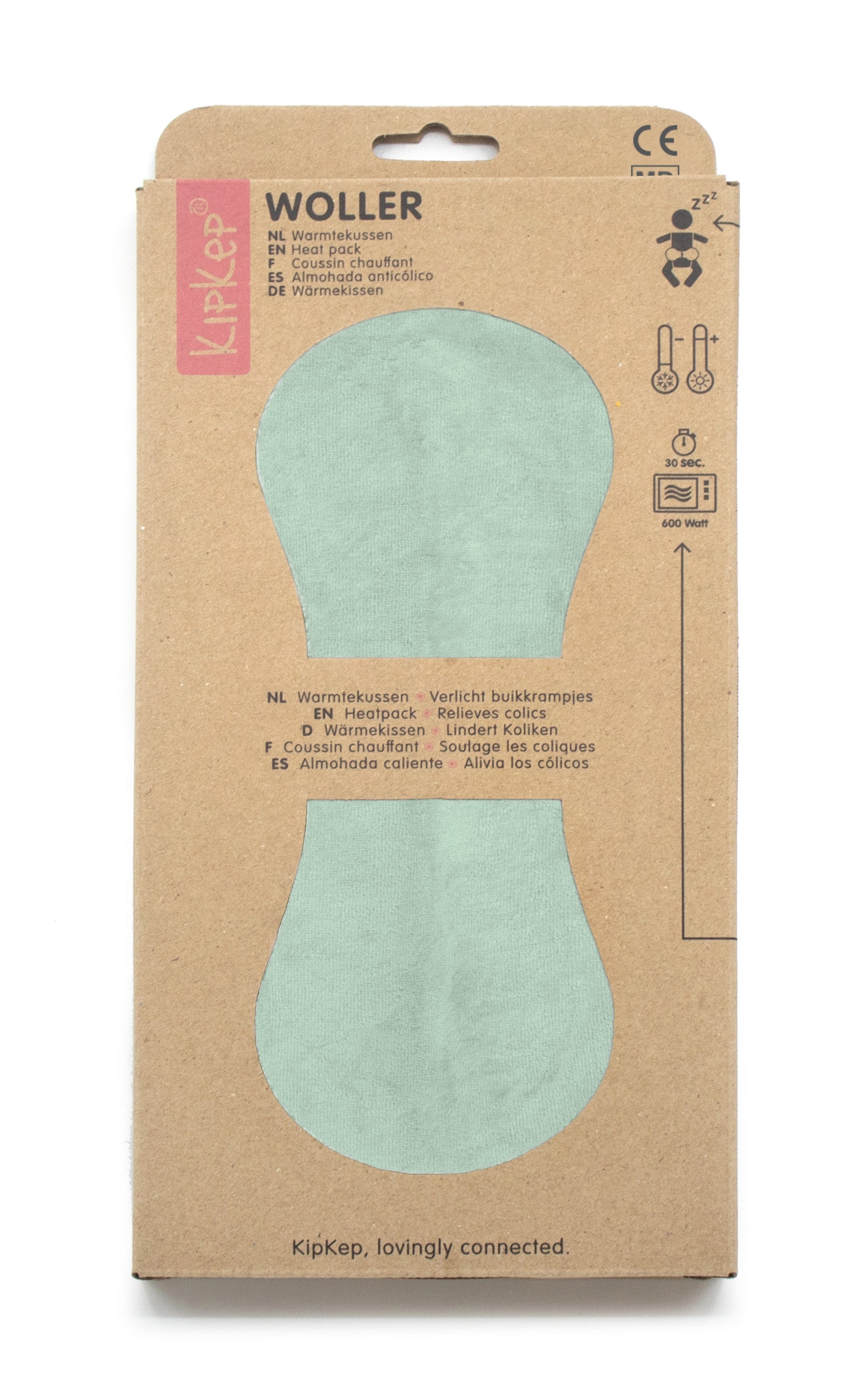 KipKep Woller warmtekussen in verpakking, zachte groene kleur duidelijk zichtbaar