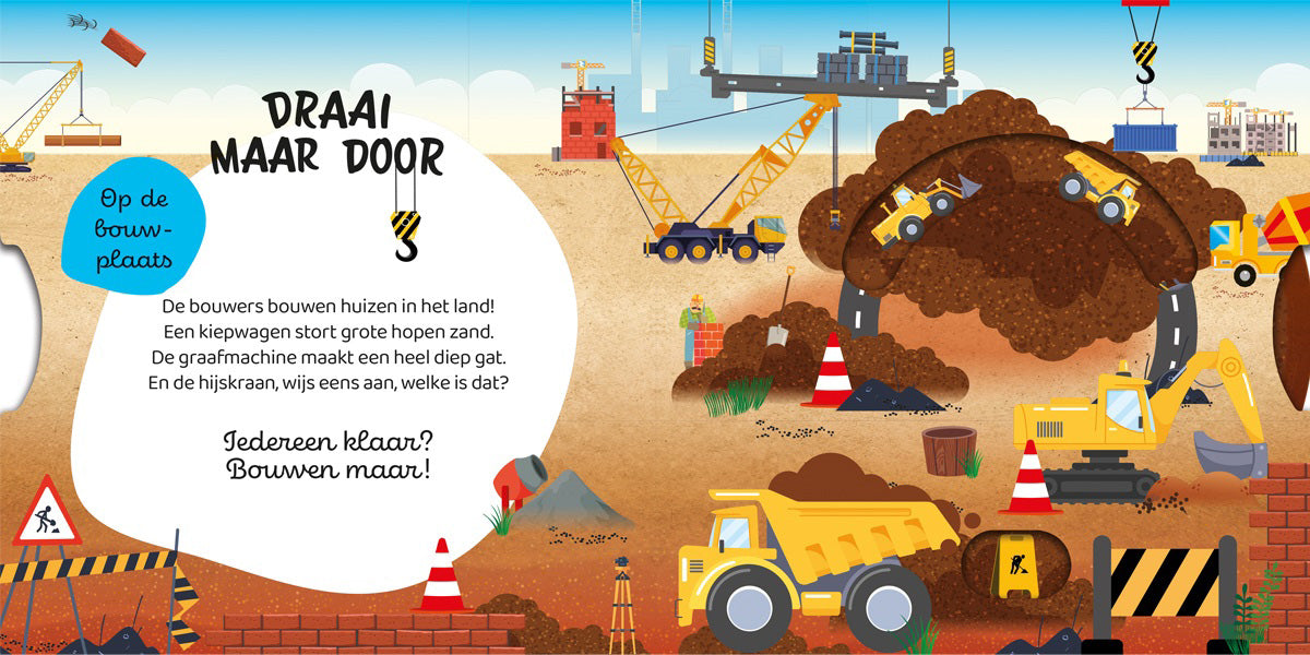 Interactief kinderboek met draaiende schijf en kleurrijke voertuigen