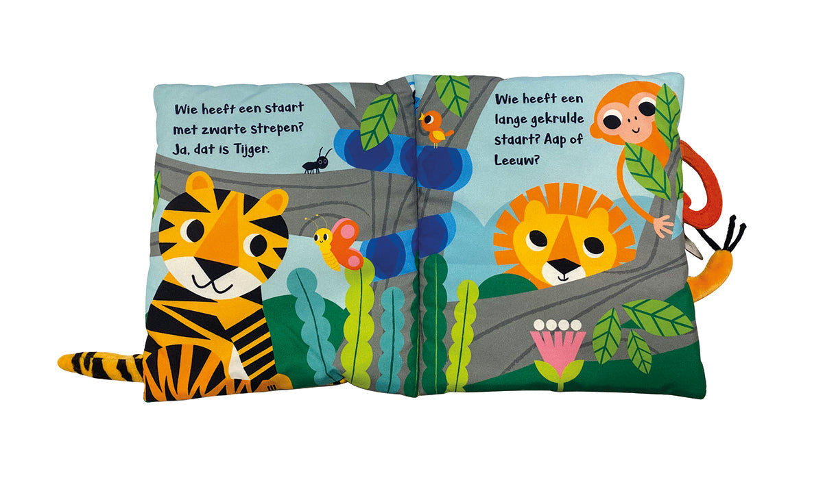 Binnenkant knuffelboekje Van wie is deze staart? Wilde dieren