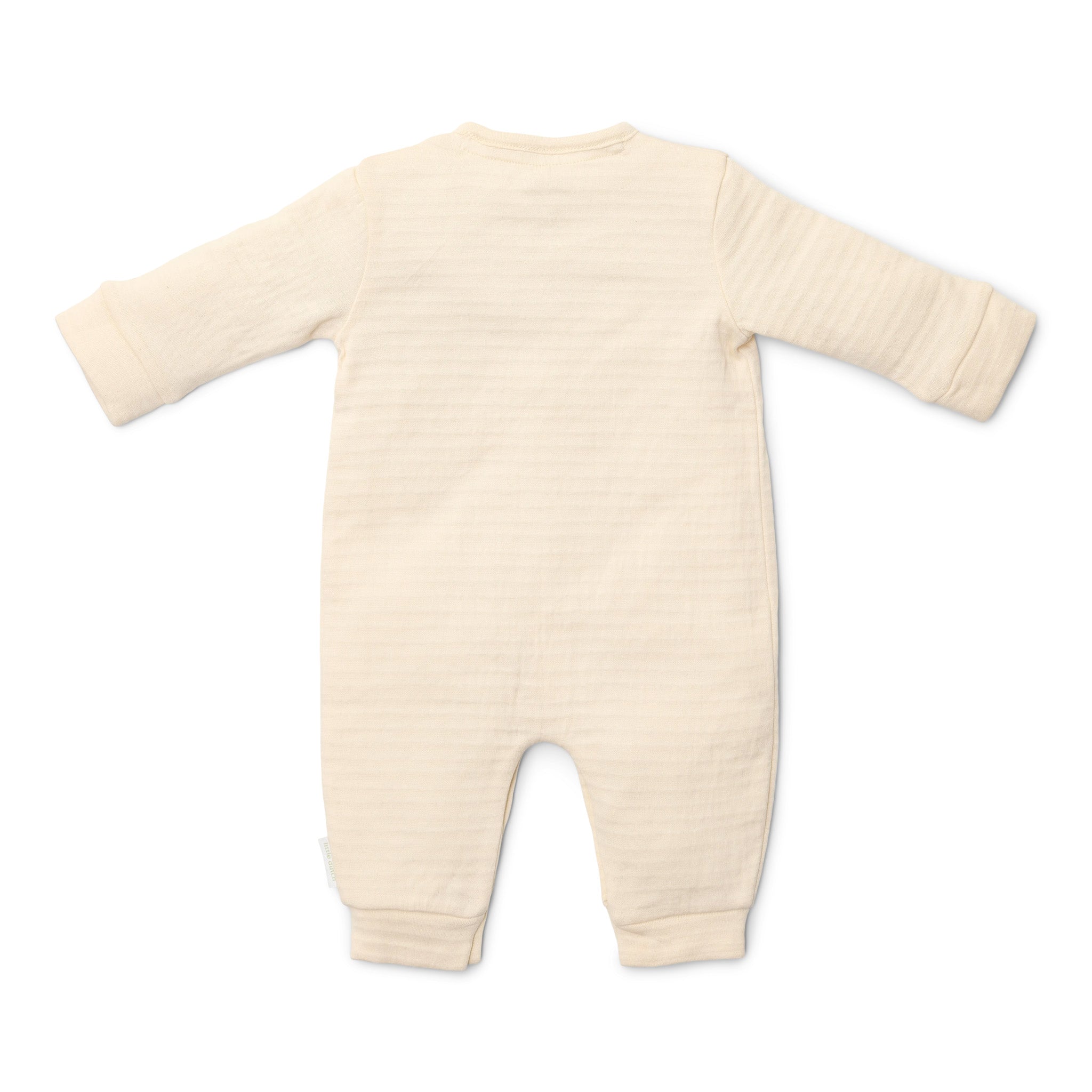 Crèmekleurig baby boxpakje met handige drukknoopsluiting en omslagmouwen