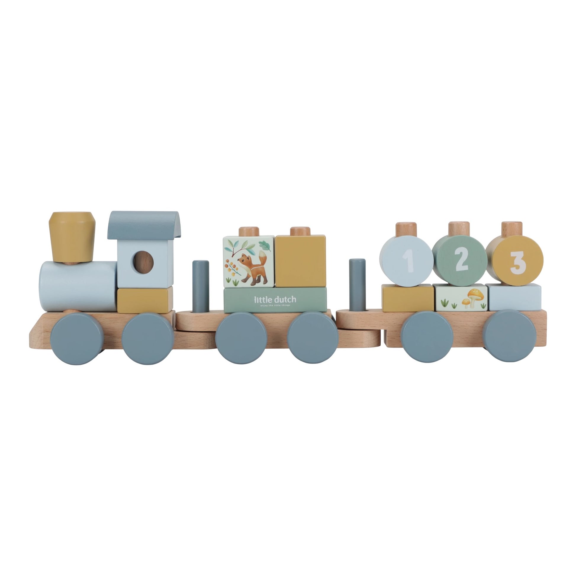 kleurrijke houten trein van Little Dutch met stapelbare blokken forest friends voor uren speelplezier bij baby en kind