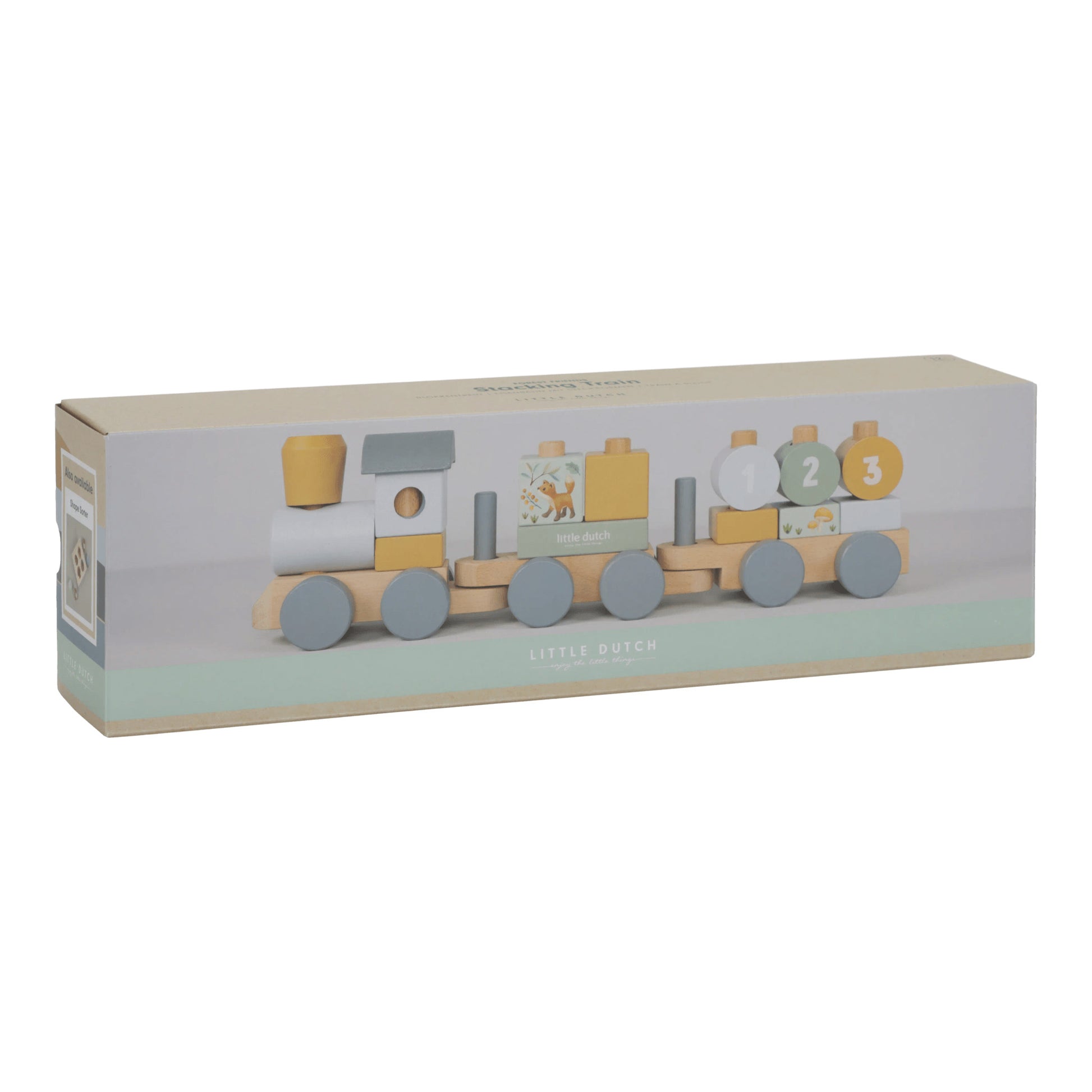 Little Dutch blokkentrein forest friends verpakking met houten trein en 17 blokken als origineel babycadeau of peutercadeau