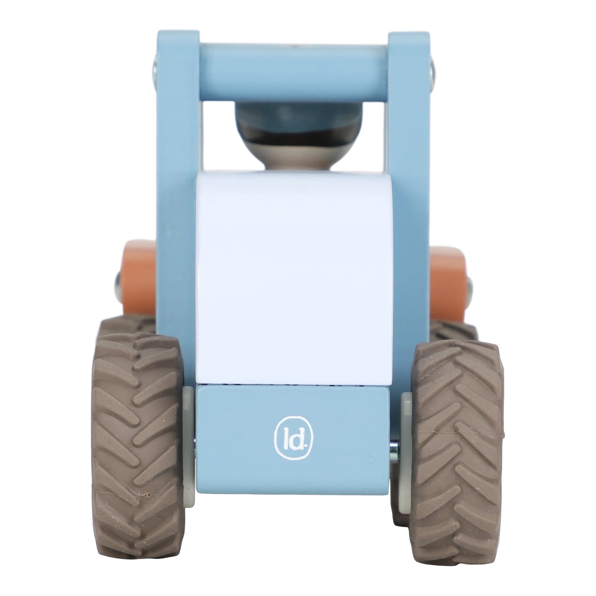 achterkant van Little Dutch houten bulldozer blauw geschikt als peutercadeau en cadeau voor kleine bouwers
