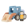 zijkant van Little Dutch bulldozer speelgoed met beweegbare schepbak als leuk houten cadeau voor kinderen