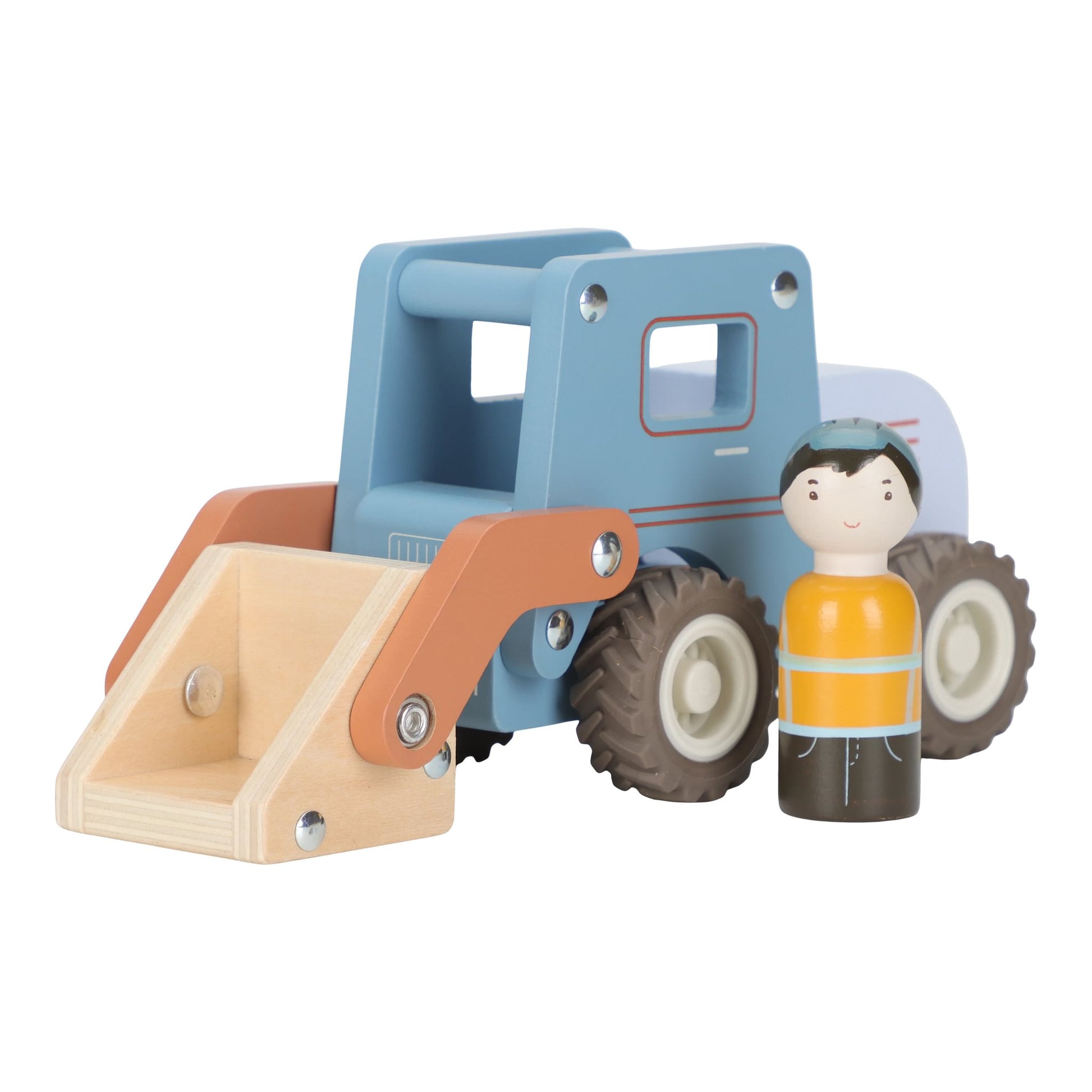 zijkant van Little Dutch bulldozer speelgoed met beweegbare schepbak als leuk houten cadeau voor kinderen