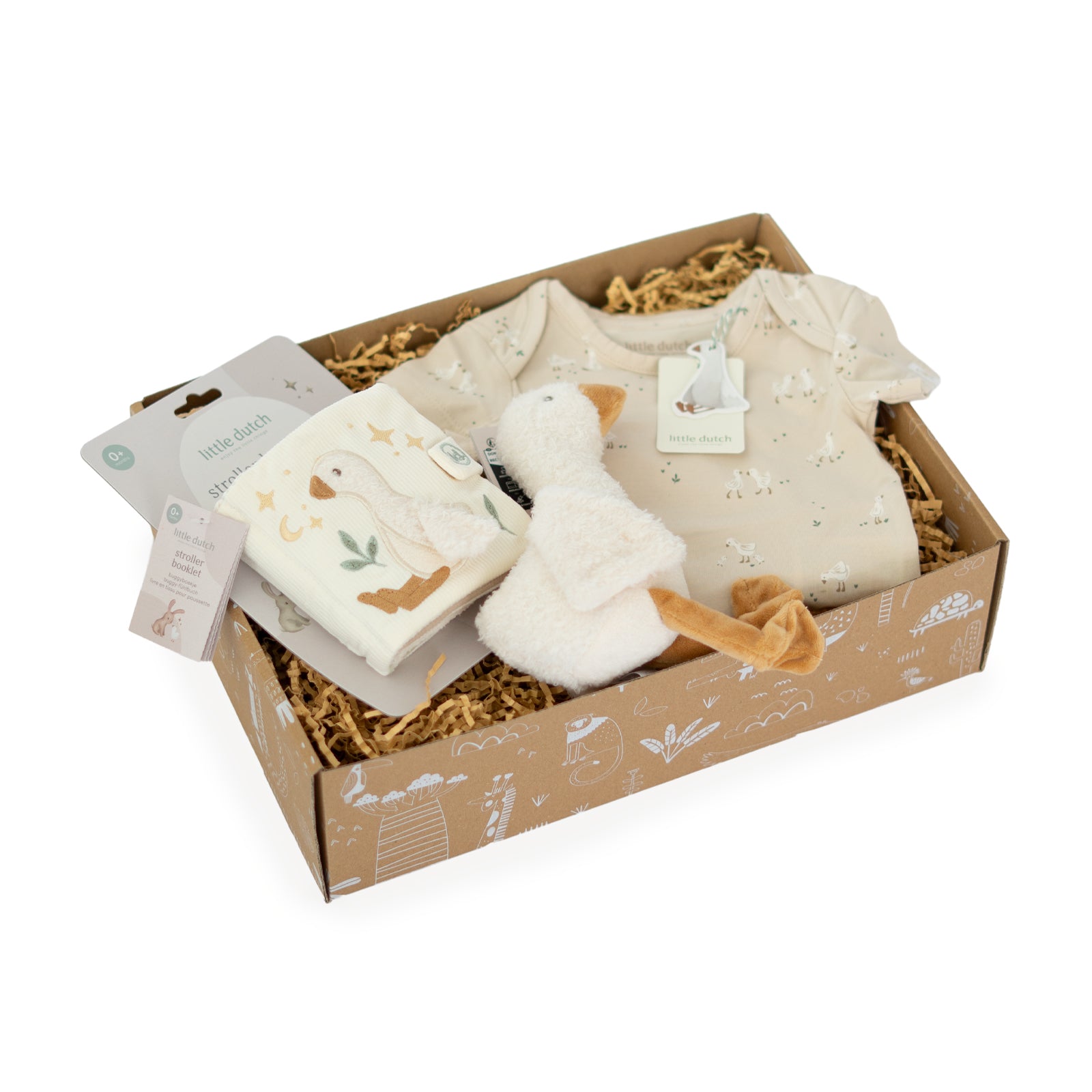 Little Dutch kraamcadeau Quack Quack met Little Goose romper, knuffel Gans en buggyboekje