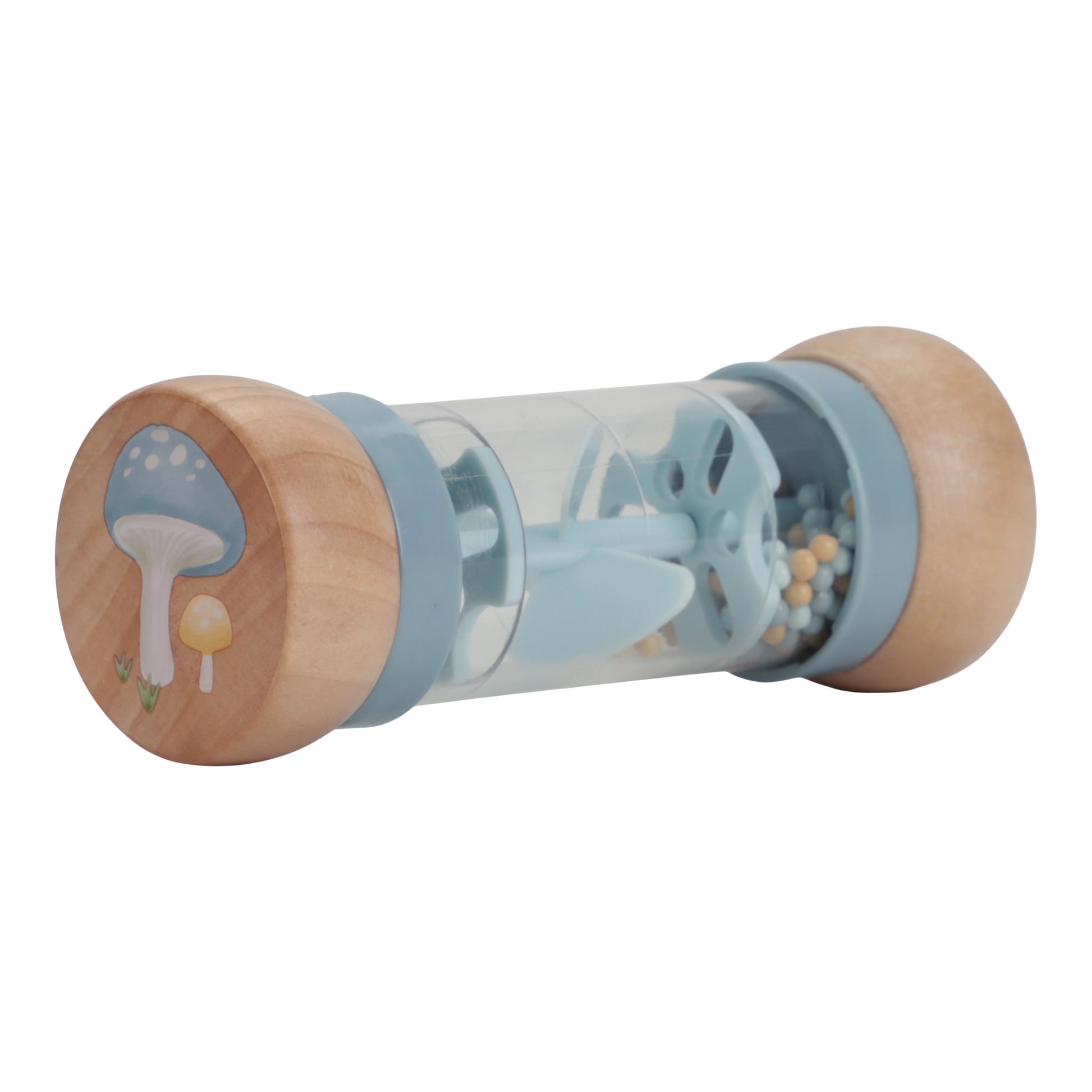 Blauwe houten regenrammelaar met vrolijke forest friends figuren en zachte kleuren voor baby