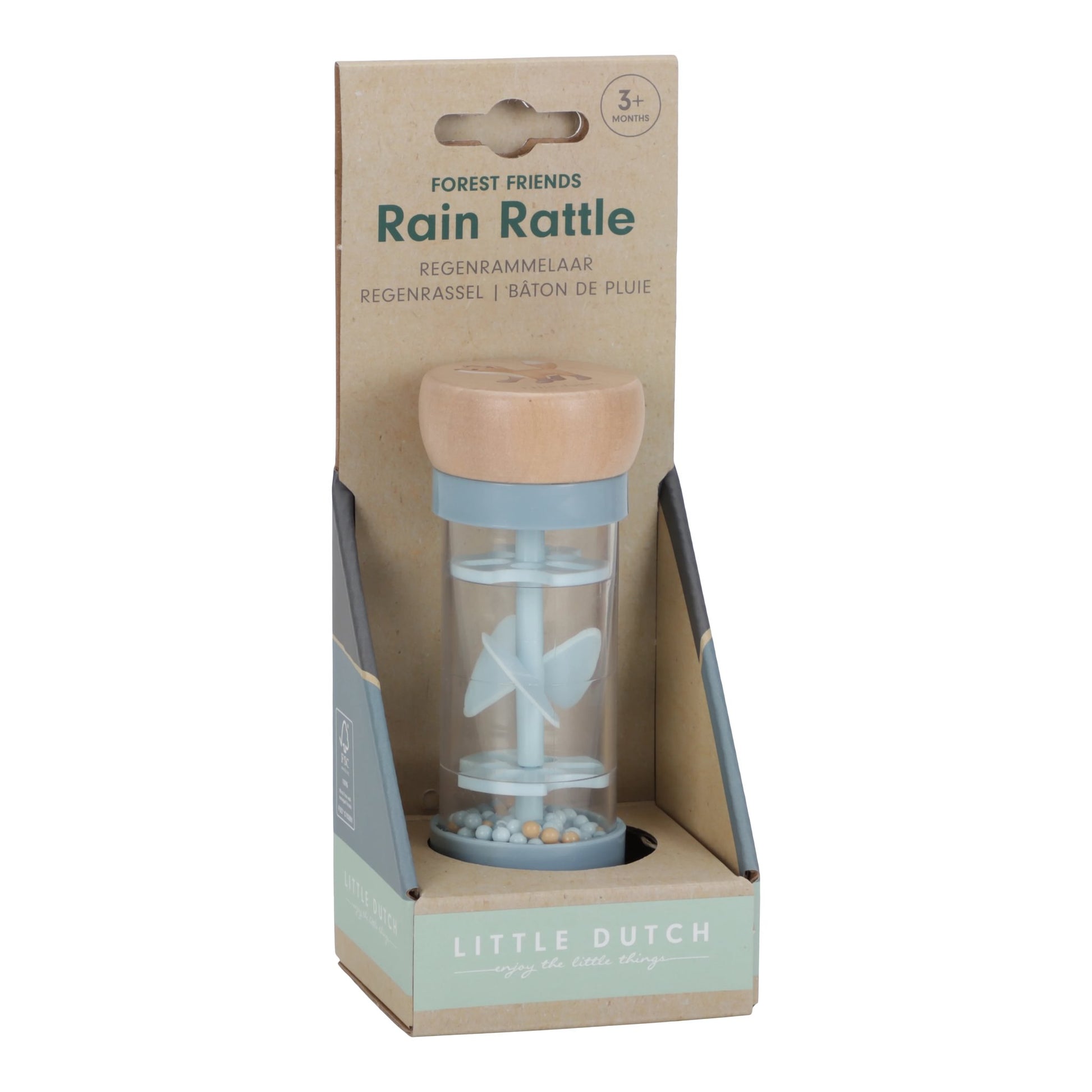Verpakking van Little Dutch regenrammelaar blauw forest friends als mooi geboortecadeau