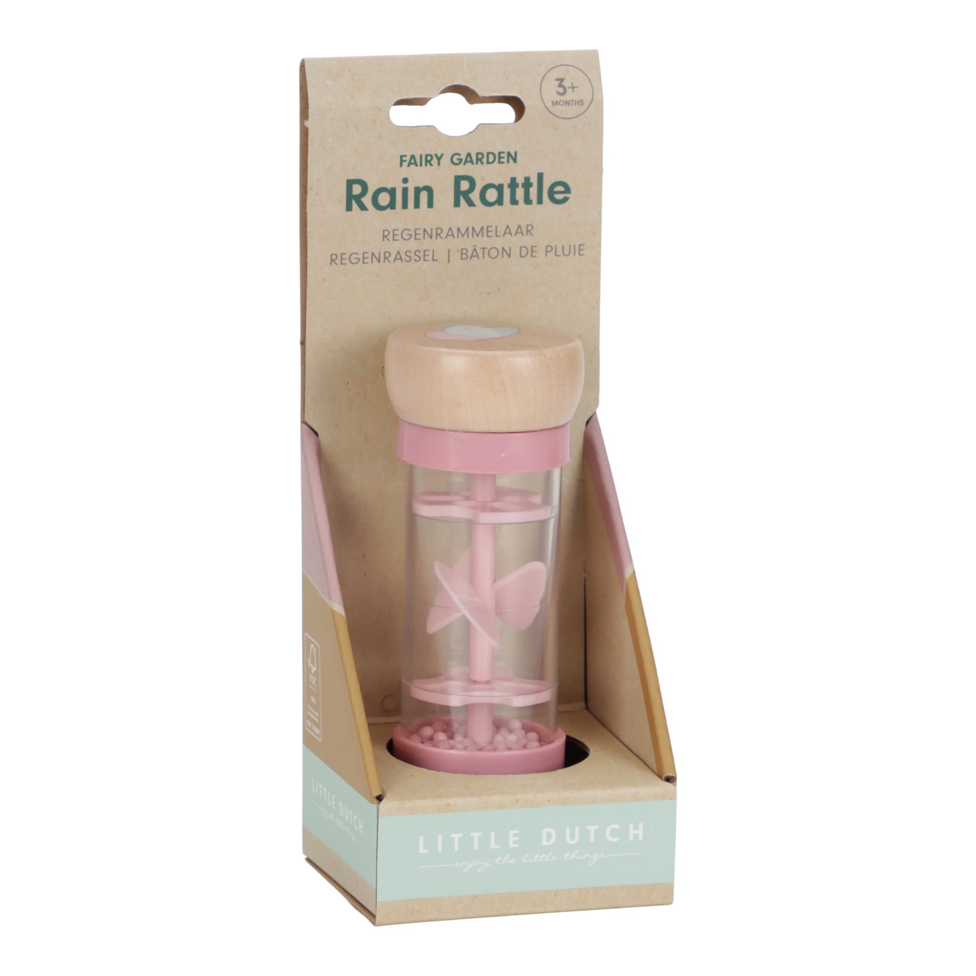 Verpakking van de Little Dutch regenrammelaar roze fairy garden als mooi geboortecadeau