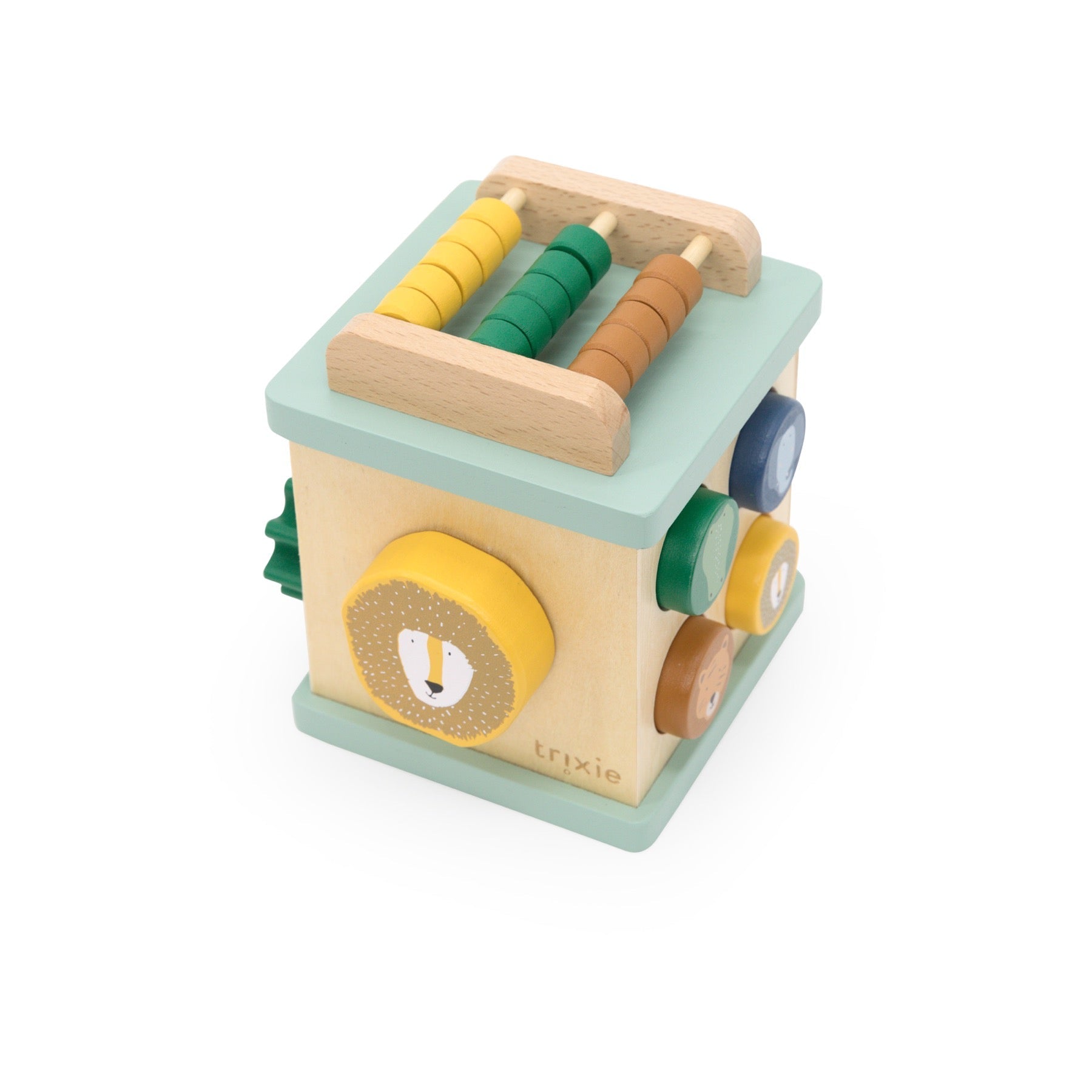 Houten speelgoedkubus met kralenbaan en tandwielen