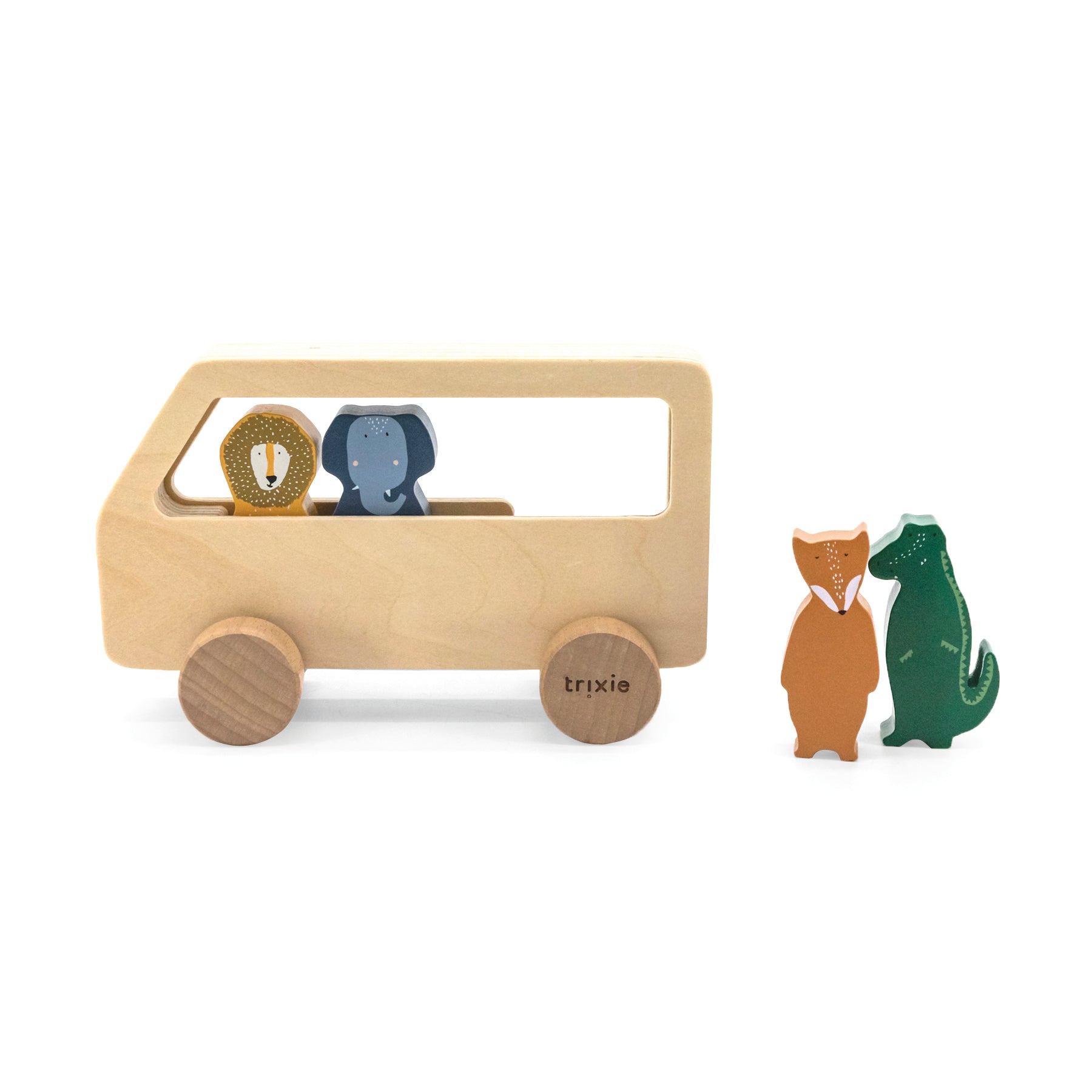 Speelgoedbus van hout met vier dierenfiguren