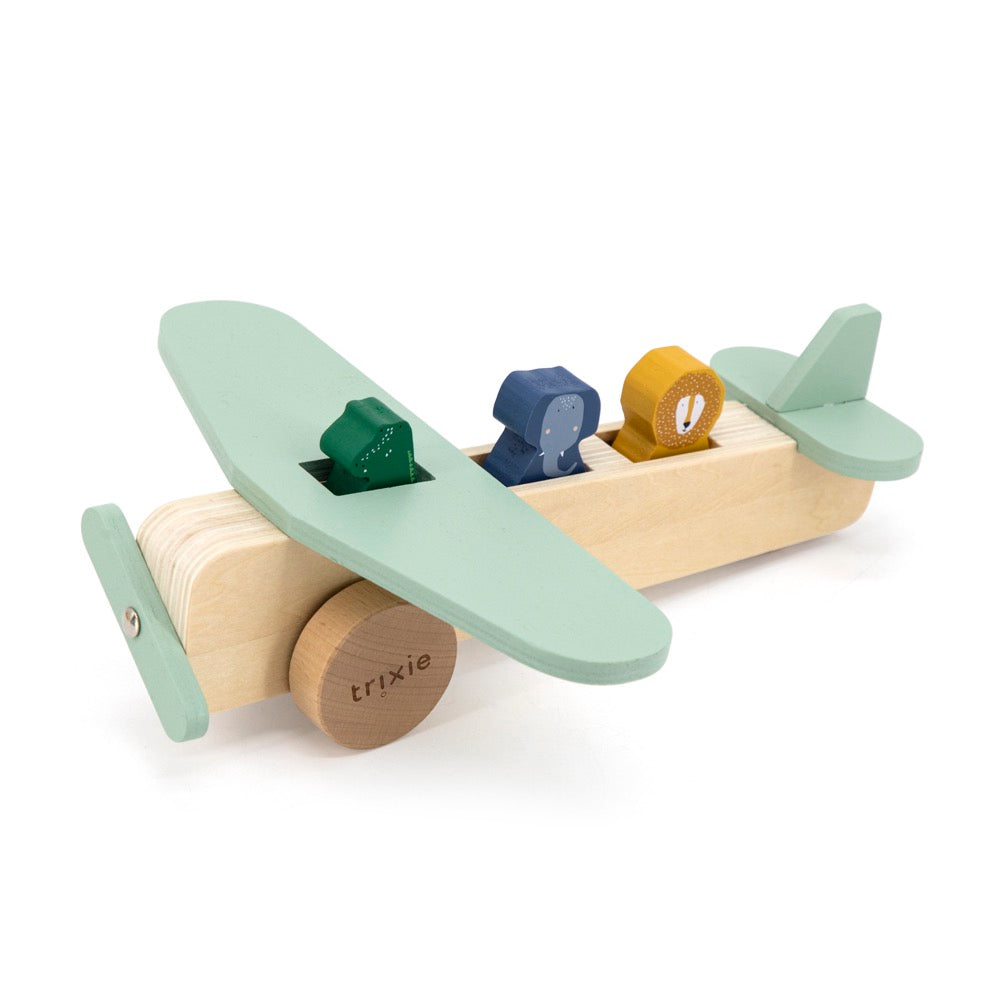 Houten dierenvliegtuig met draaiende propeller