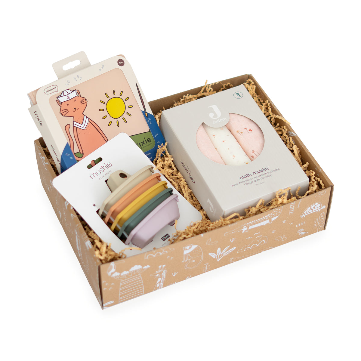 Baby cadeaubox Tub Tales met hydrofiele doeken, badkleurboek en Mushie badbootjes