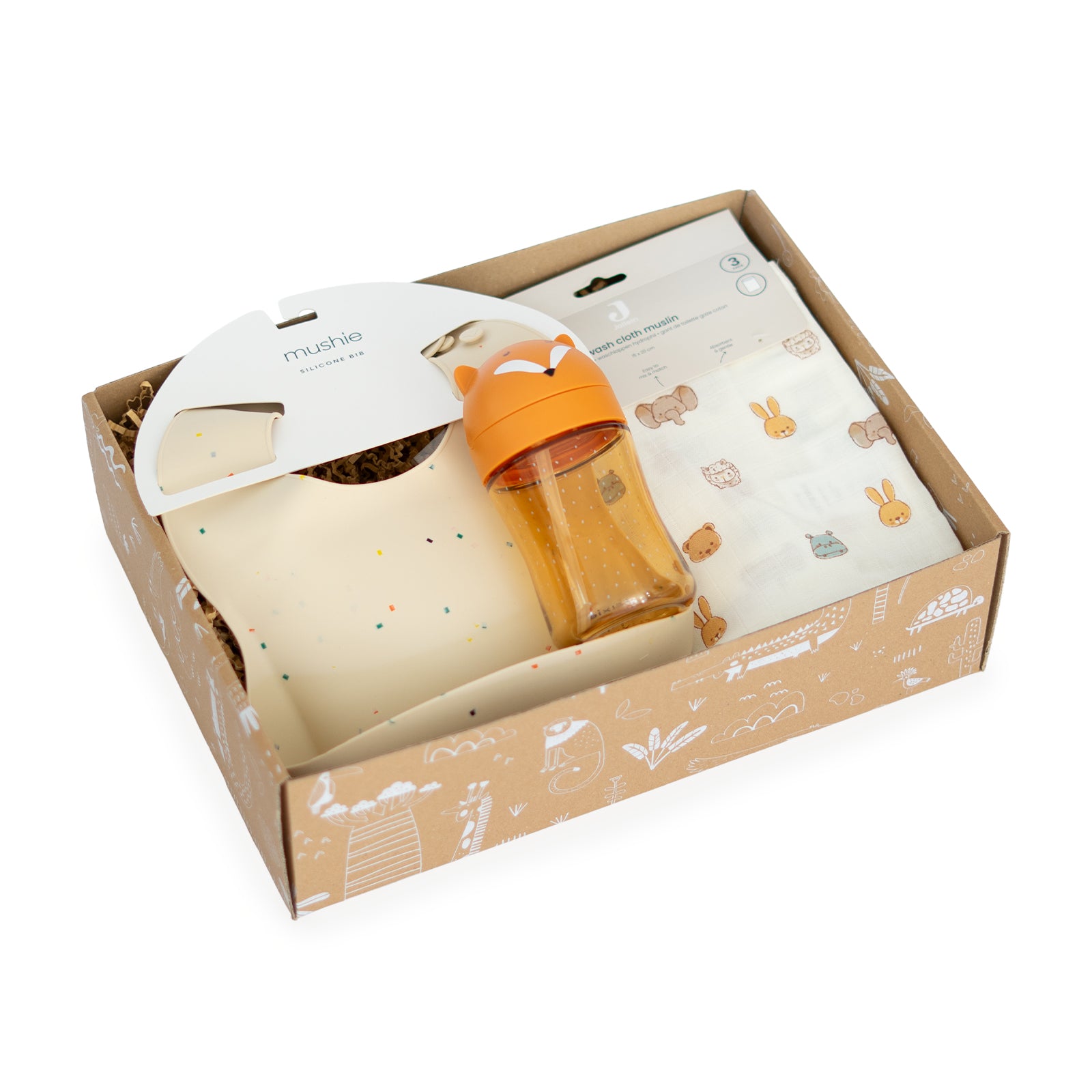Baby cadeaupakket Joyful Sips met Mushie slab, Trixie rietjesbeker en Jollein washandjes