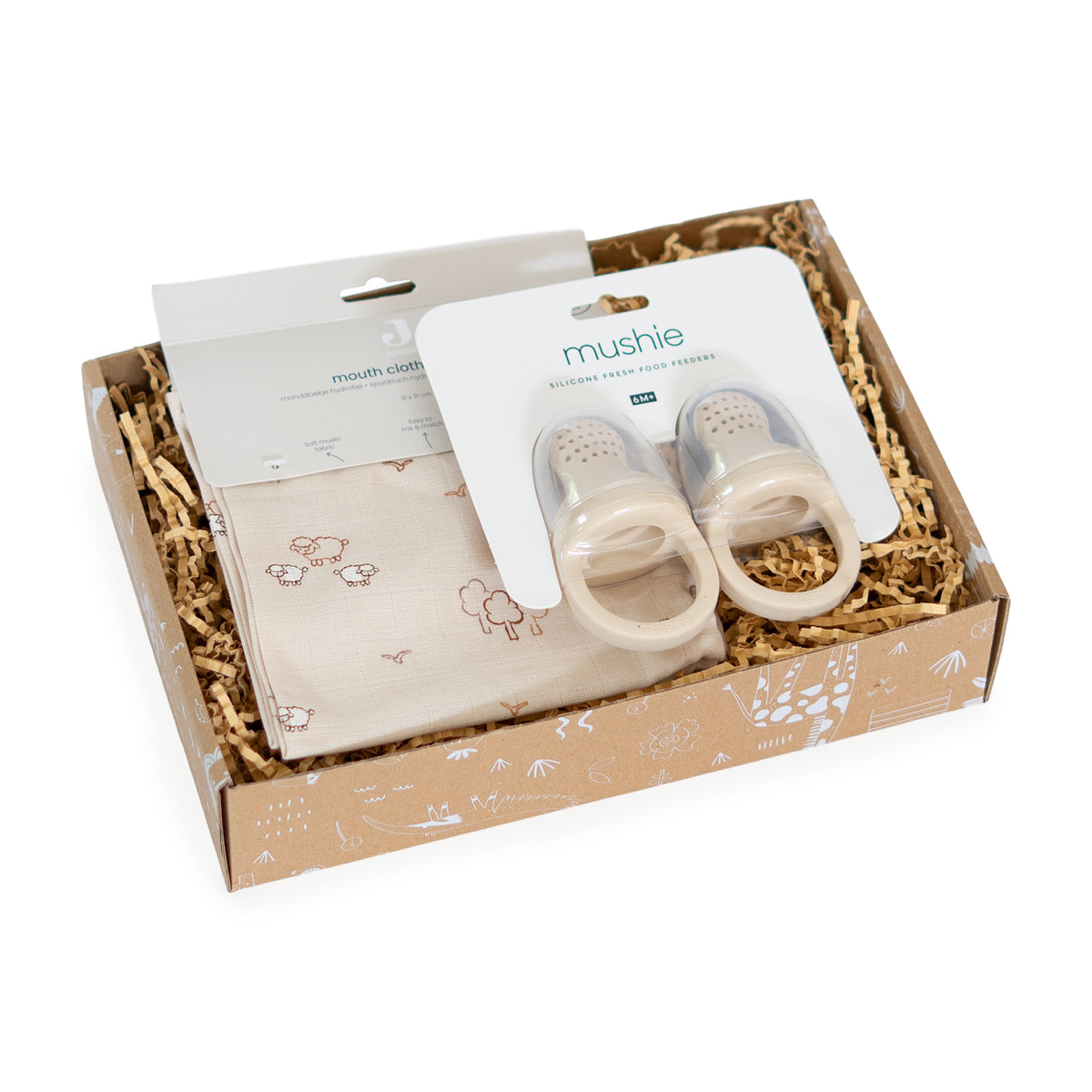 Baby cadeaupakket Taste & Teeth met Mushie fruitspeen en Jollein hydrofiele monddoekjes