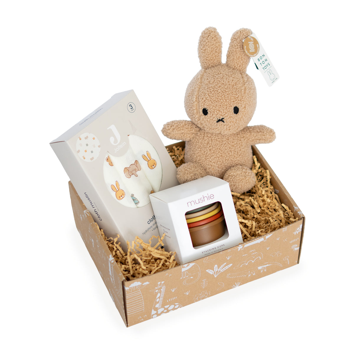 Duurzaam kraamcadeau Playtime met Mushie stapelbekers, Jollein hydrofiele doeken en beige Nijntje knuffel