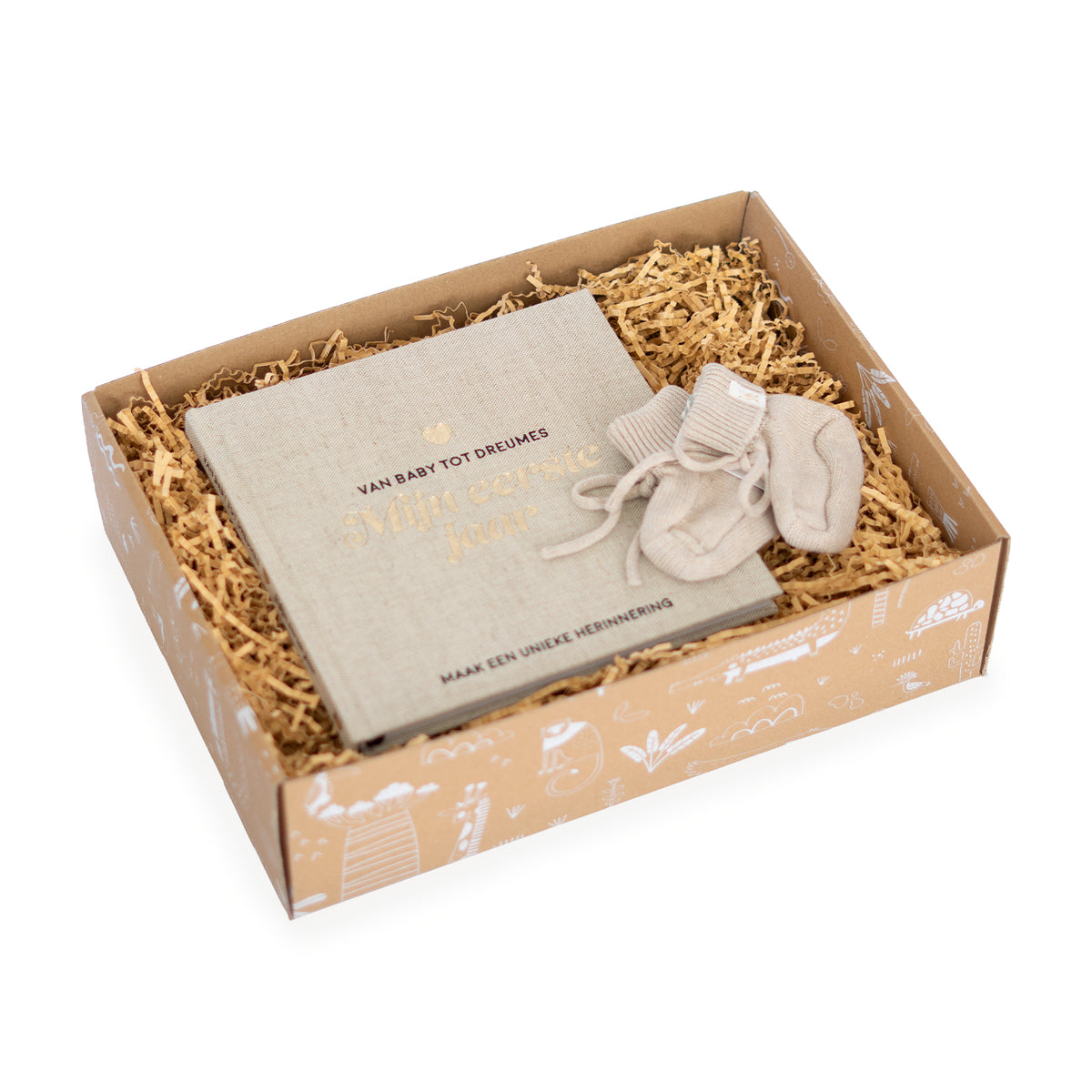 Geboorte cadeaupakket Precious Memories met Little Dutch beige babyslofjes en Mijn eerste jaar babyboek