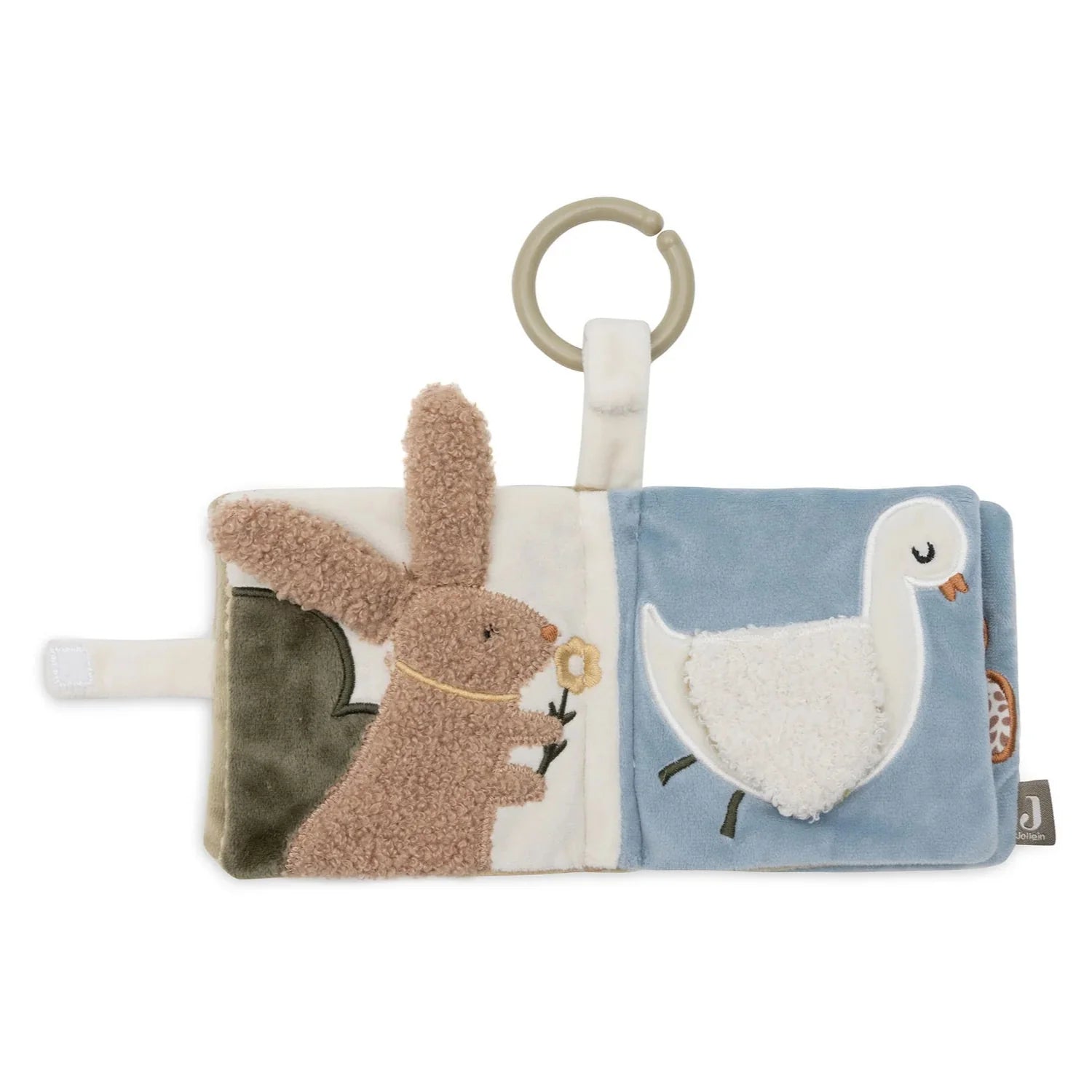 Geborduurde details en dierenfiguren op het activiteitenboekje