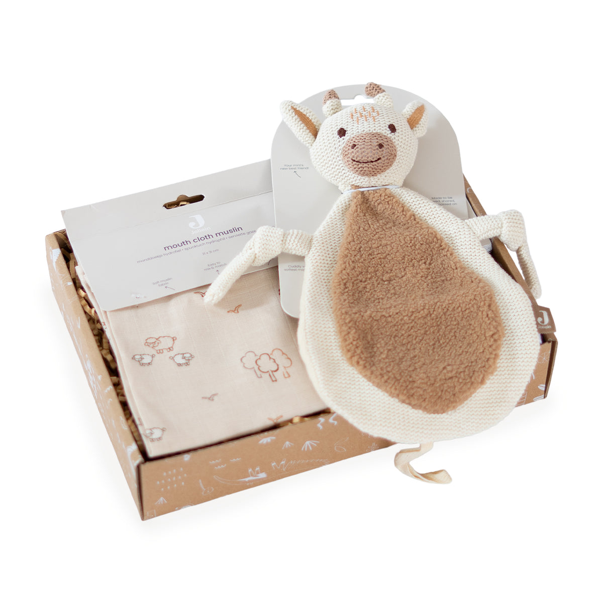 Klein kraamcadeau Warm Welcome met Jollein speendoekje Giraffe en hydrofiele monddoekjes Woolly