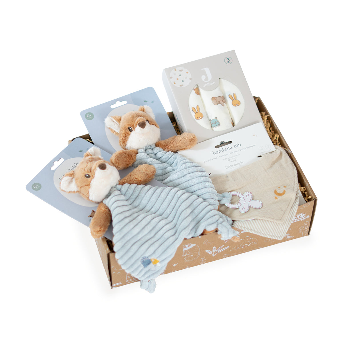 Kraamcadeau tweeling jongens Double Trouble met twee Little Dutch knuffeldoekjes, hydrofiele doeken en slabbetjes