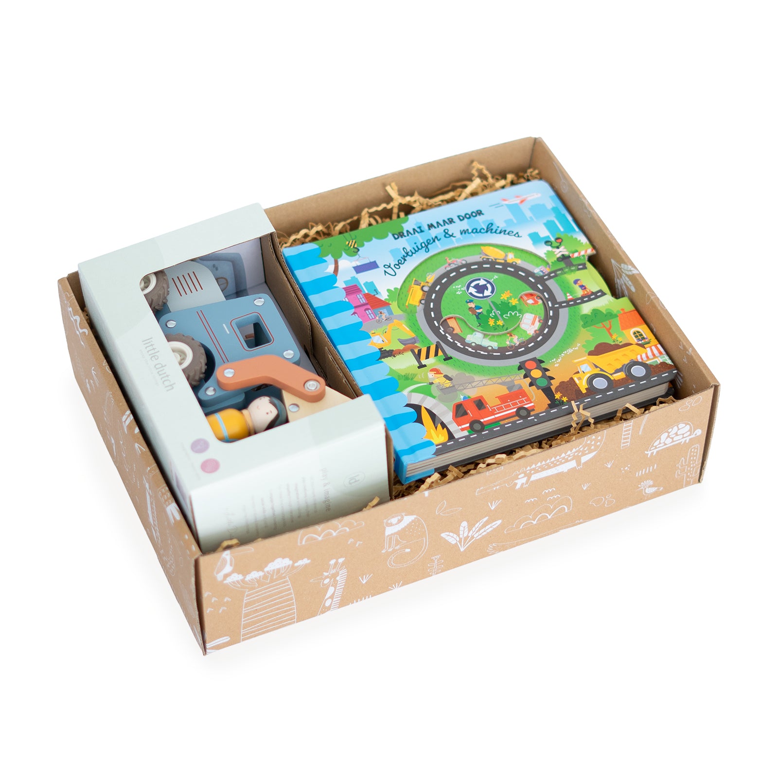 Klein kraamcadeau jongen Big Wheels met Little Dutch houten bulldozer en voertuigenboekje