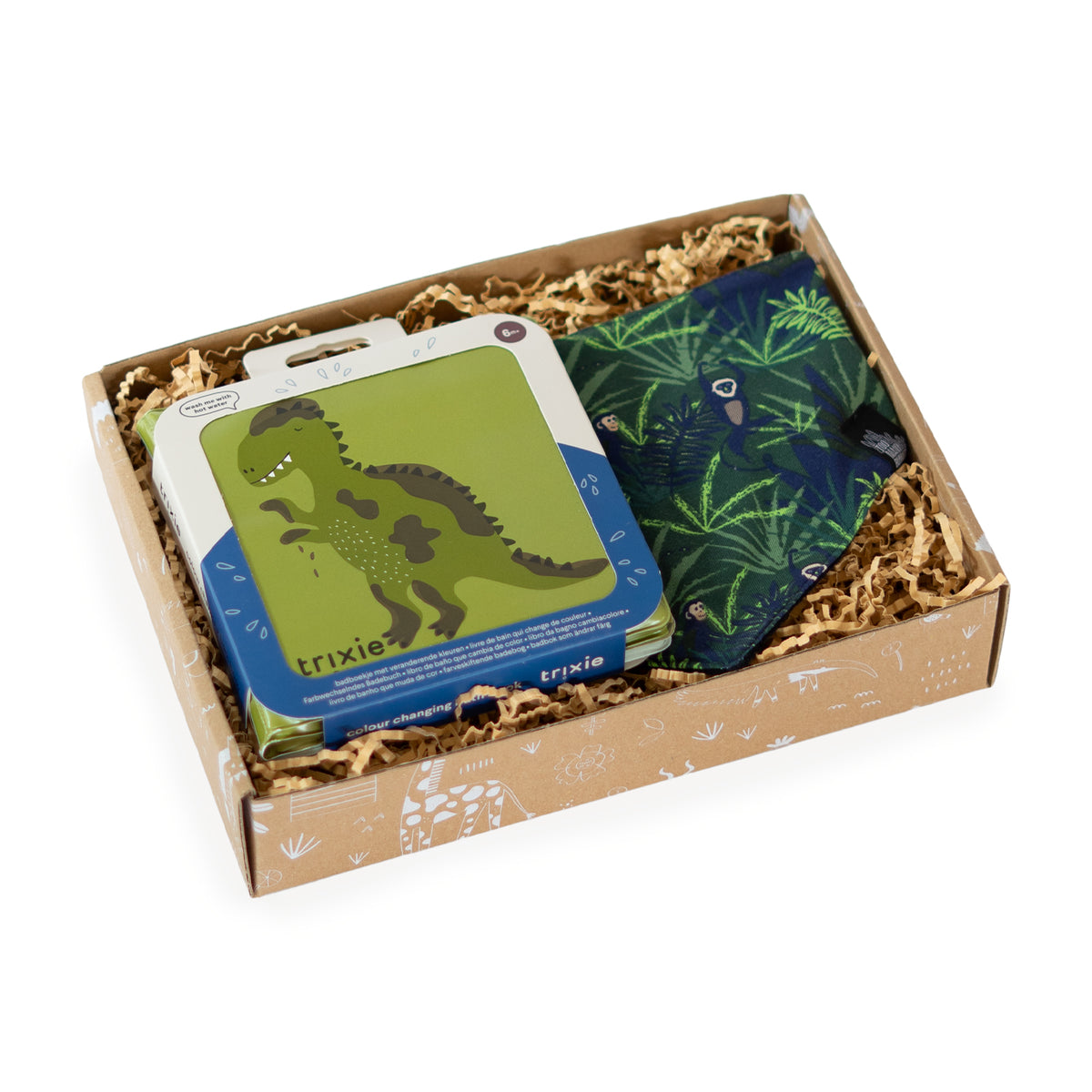 Kraamcadeau jongen Rawr met Trixie dino badboekje en kwijlsjaal met jungleprint