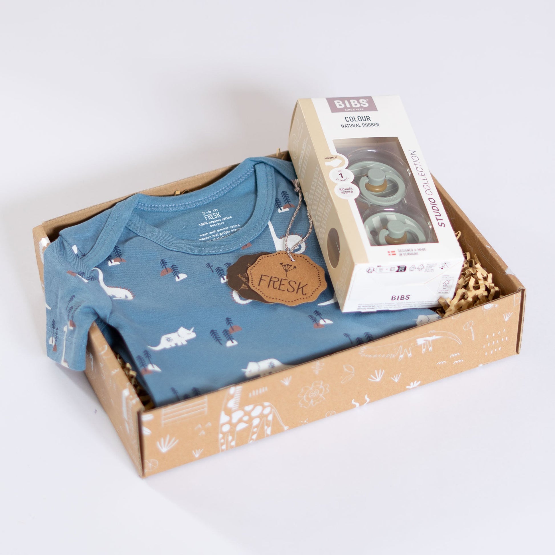 Kraamcadeau pakket Curious cutie met fresk romper en bibs spenen