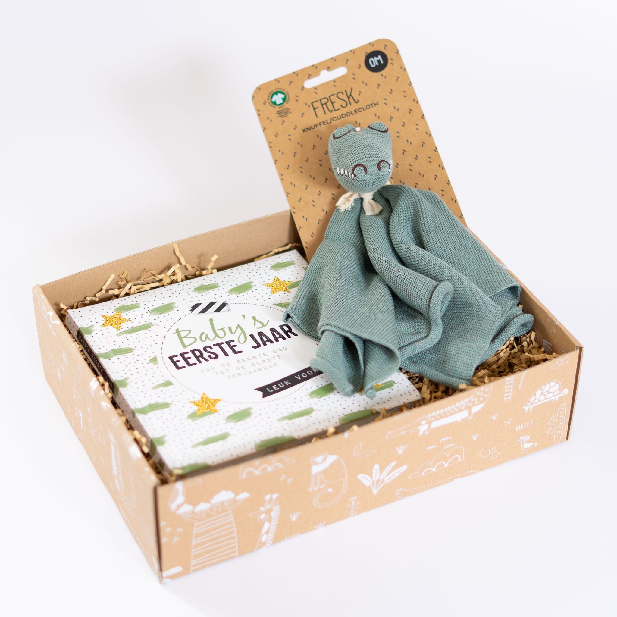 Kraamcadeau pakket Gentle beginnings met fresk knuffeldoekje en baby's eerste jaar boek
