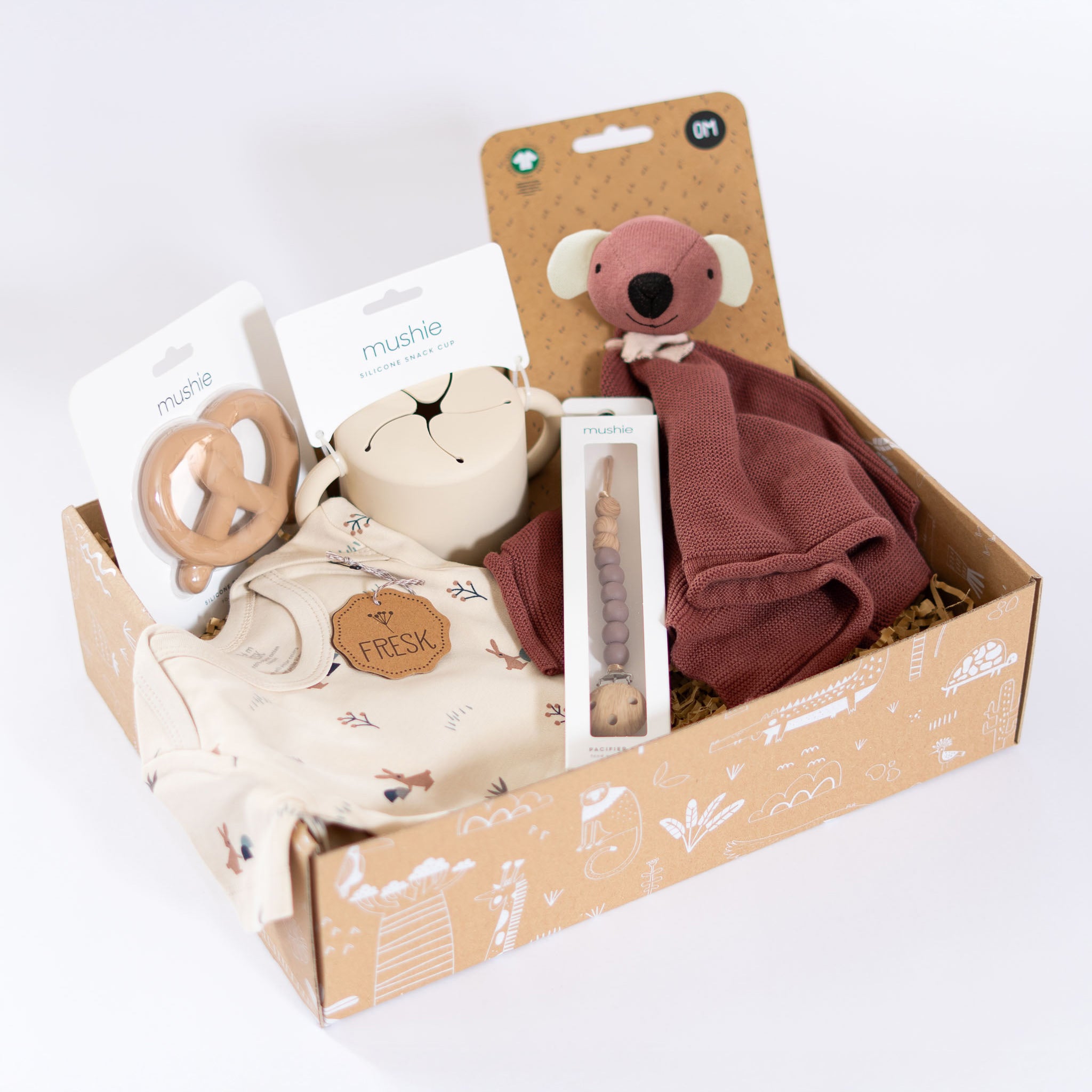 Kraamcadeaupakket Hello Little One met romper, knuffeldoekje en Mushie accessoires