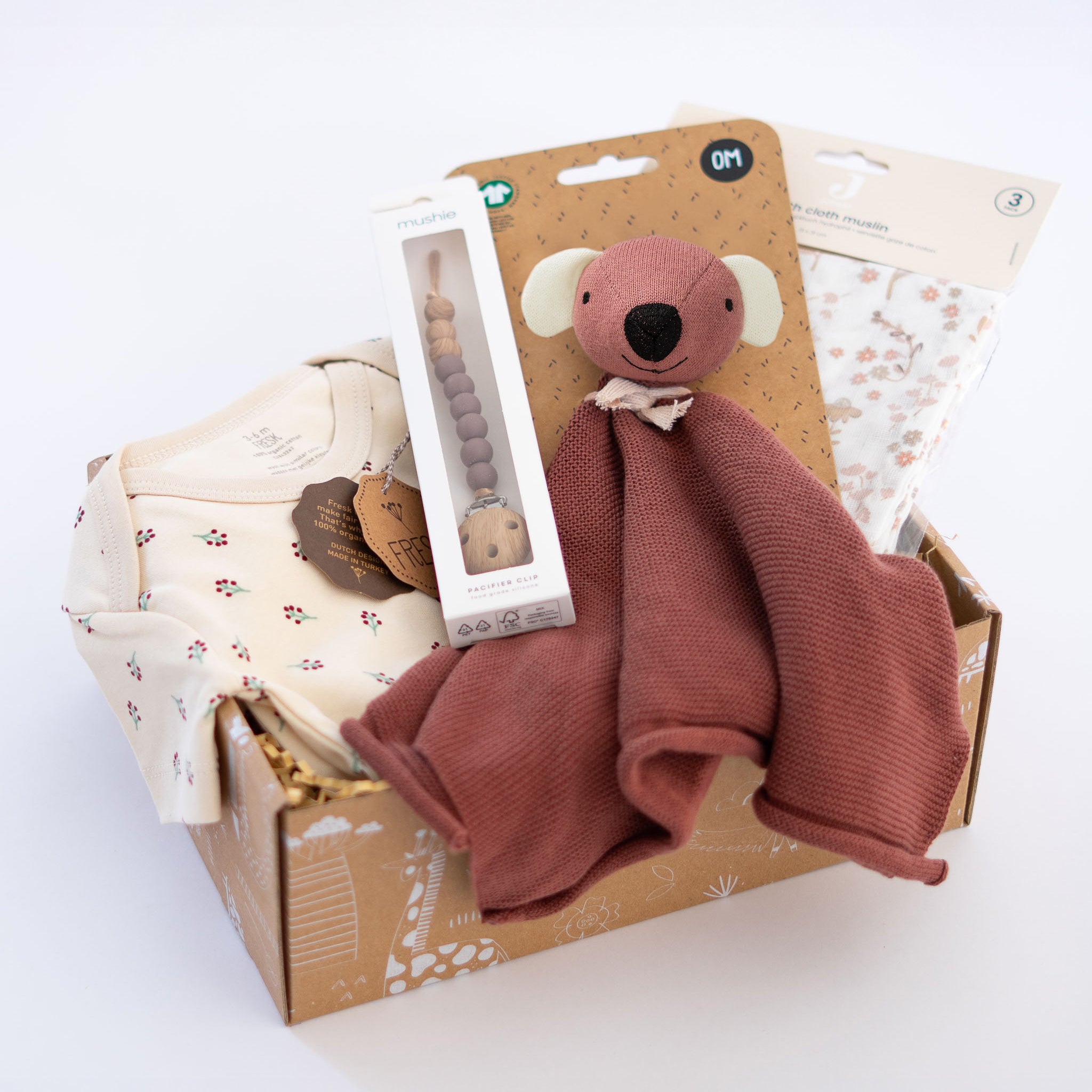 Kraamcadeau pakket Oh baby met hoogwaardige baby producten van fresk, mushie en jollein